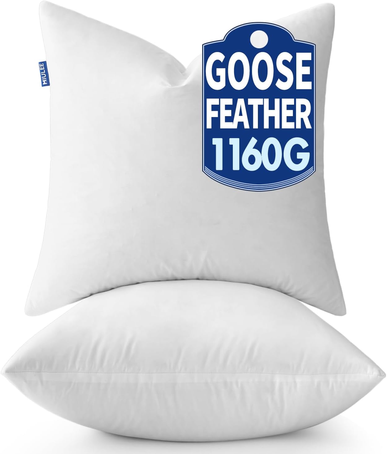 MIULEE 20 x 20 Goose Feather Down Pillows with 100% Cotton Cover, Set of 2 Soft Fluffy Decorative Pillow Inserts for Sofa Bed Couch Living Room White