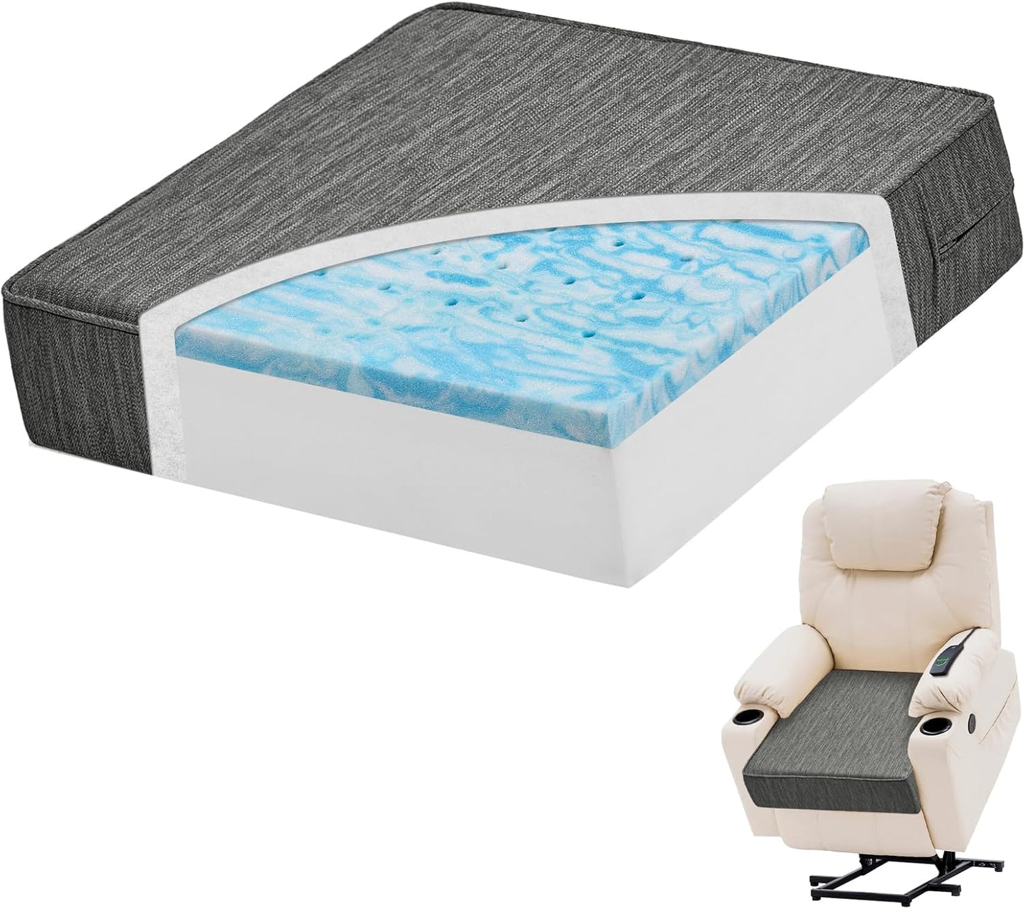 baibu Dual-Layer Gel Memory Foam Recliner Cushions for Elderly, 20x20x5 Inch Thick Chair Cushion Suitable for Couches, Armchair, Wheelchair for Easy to Stand Up & Reduce Hip & Lumbar Pain, Black