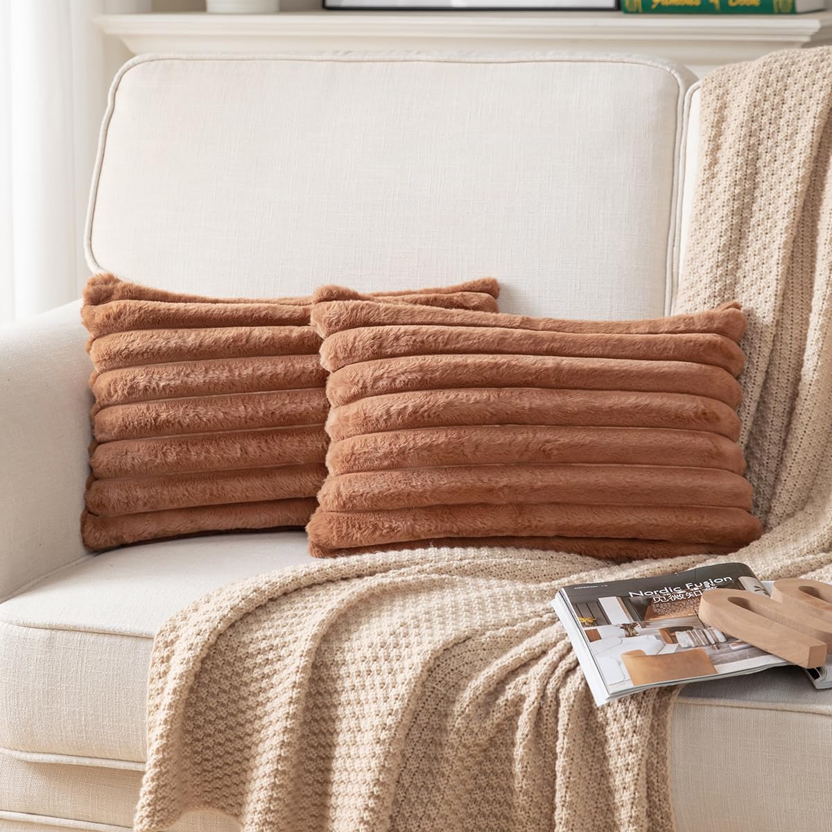 DEELAND Pack of 2,Double-Sided Faux Fur Plush Decorative Throw Pillow Covers Fuzzy Striped Soft Pillowcase Cushion Covers for Sofa Couch Bedroom