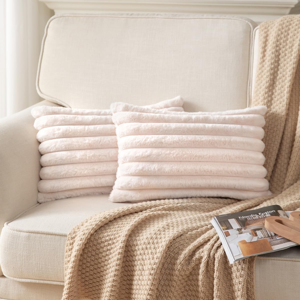 DEELAND Pack of 2,Double-Sided Faux Fur Plush Decorative Throw Pillow Covers Fuzzy Striped Soft Pillowcase Cushion Covers for Sofa Couch Bedroom