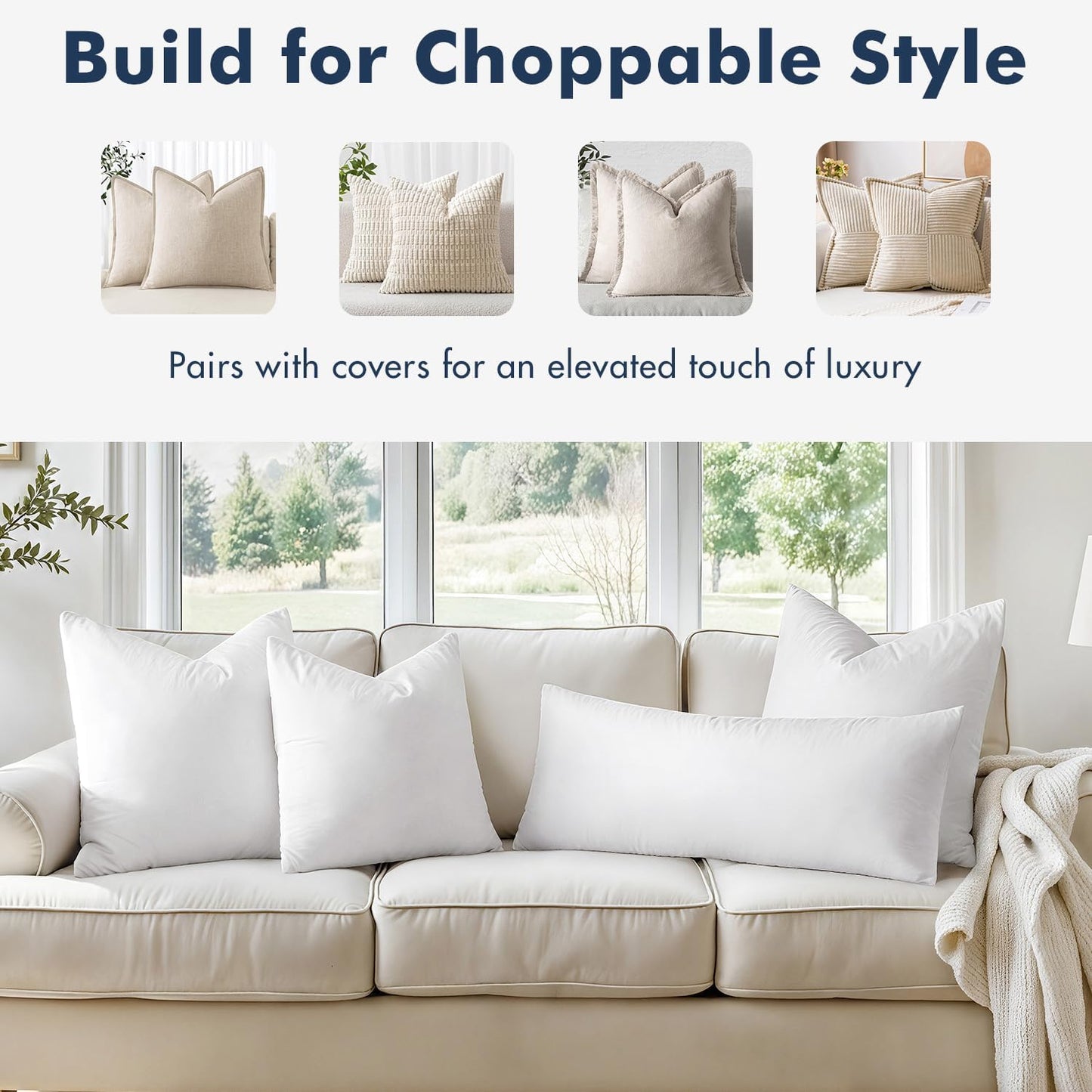 MIULEE 22x22 Pillow Inserts,Set of 2 Down Feather Throw Pillows for Couch Sofa Bed, Decorative Fluffy Throw Pillow Inserts Cotton Fabric,White