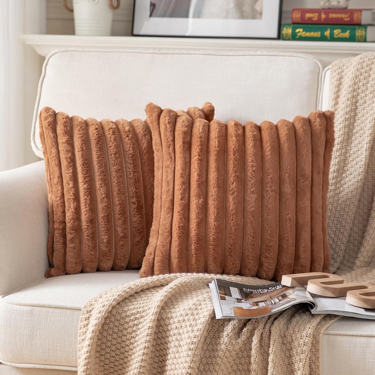 DEELAND Pack of 2,Double-Sided Faux Fur Plush Decorative Throw Pillow Covers Fuzzy Striped Soft Pillowcase Cushion Covers for Sofa Couch Bedroom