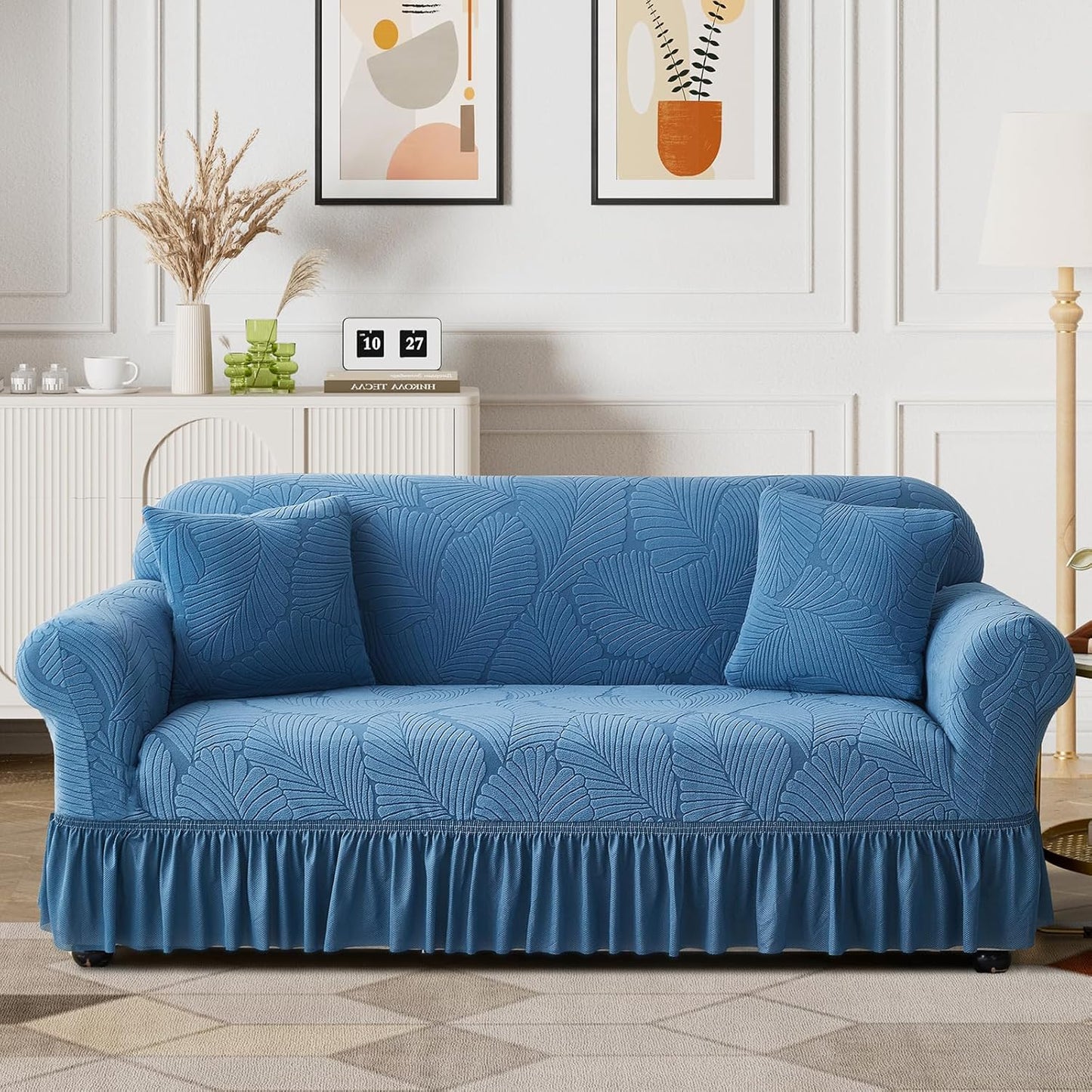WONGS BEDDING Stretch Velvet Sofa Slipcover, Cushion Couch Cover with Skirt, Pet Friendly Durable Washable Stretchable, Easy Fit Universal Furniture Protector, (75"-91",Classic Blue)