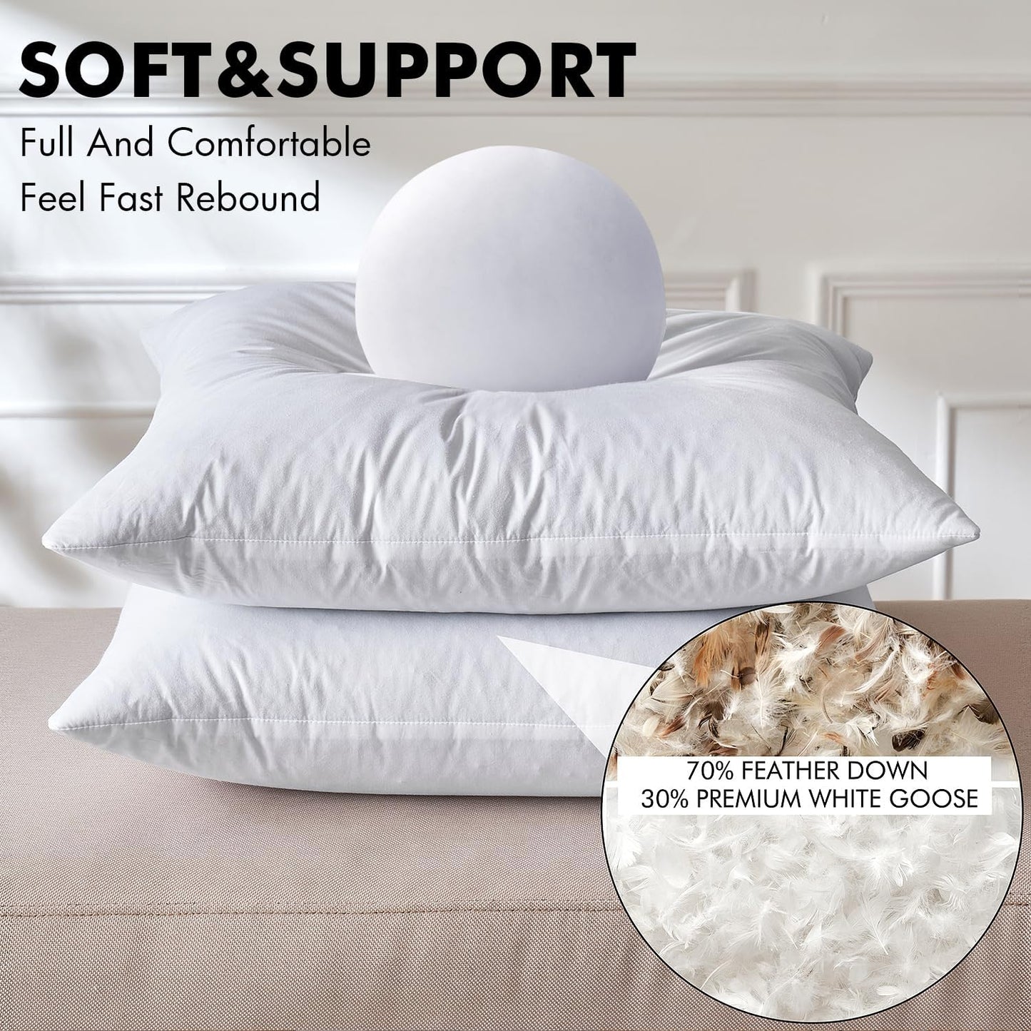 MIULEE 20 x 20 Goose Feather Down Pillows with 100% Cotton Cover, Set of 2 Soft Fluffy Decorative Pillow Inserts for Sofa Bed Couch Living Room White