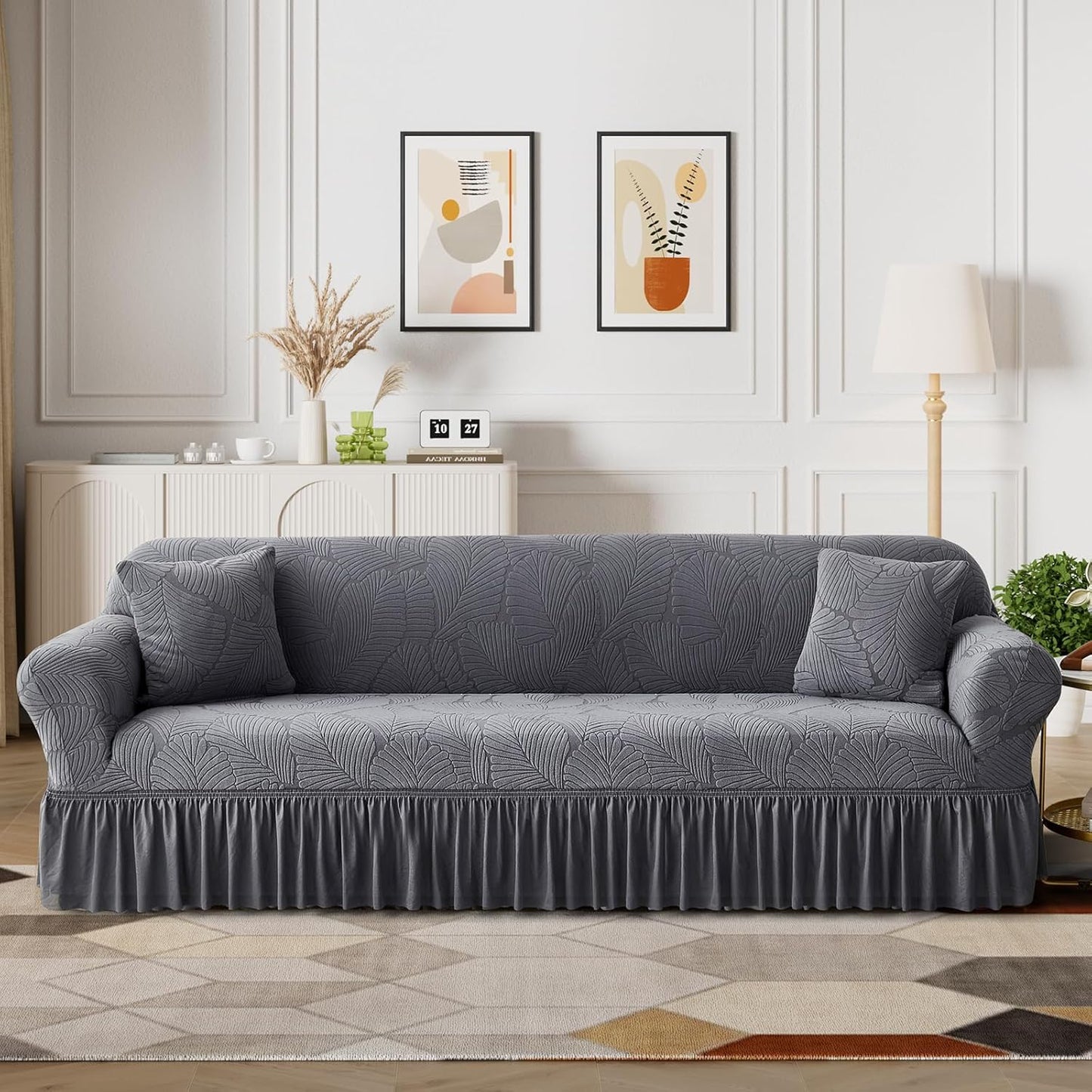 WONGS BEDDING Stretch Velvet Sofa Slipcover, Cushion Couch Cover with Skirt, Pet Friendly Durable Washable Stretchable, Easy Fit Universal Furniture Protector, (75"-91",Classic Blue)