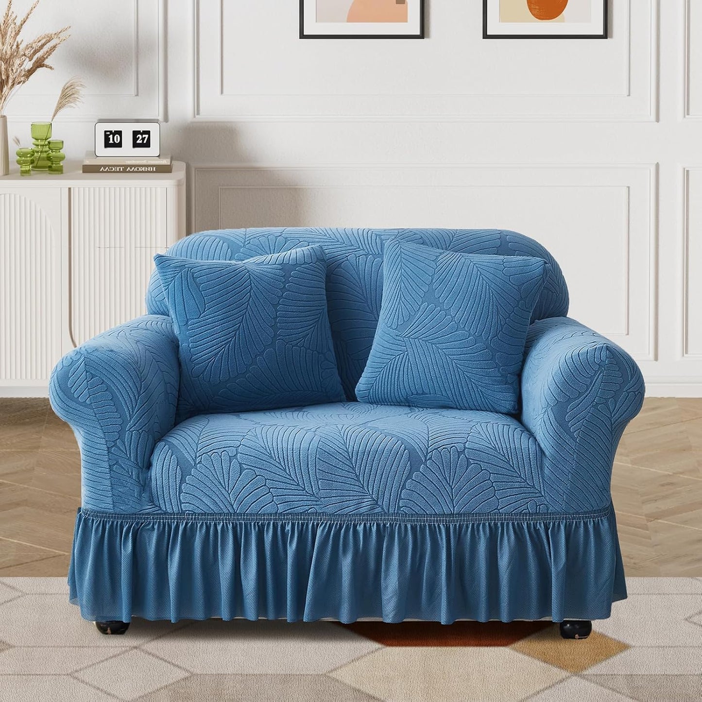 WONGS BEDDING Stretch Velvet Sofa Slipcover, Cushion Couch Cover with Skirt, Pet Friendly Durable Washable Stretchable, Easy Fit Universal Furniture Protector, (75"-91",Classic Blue)