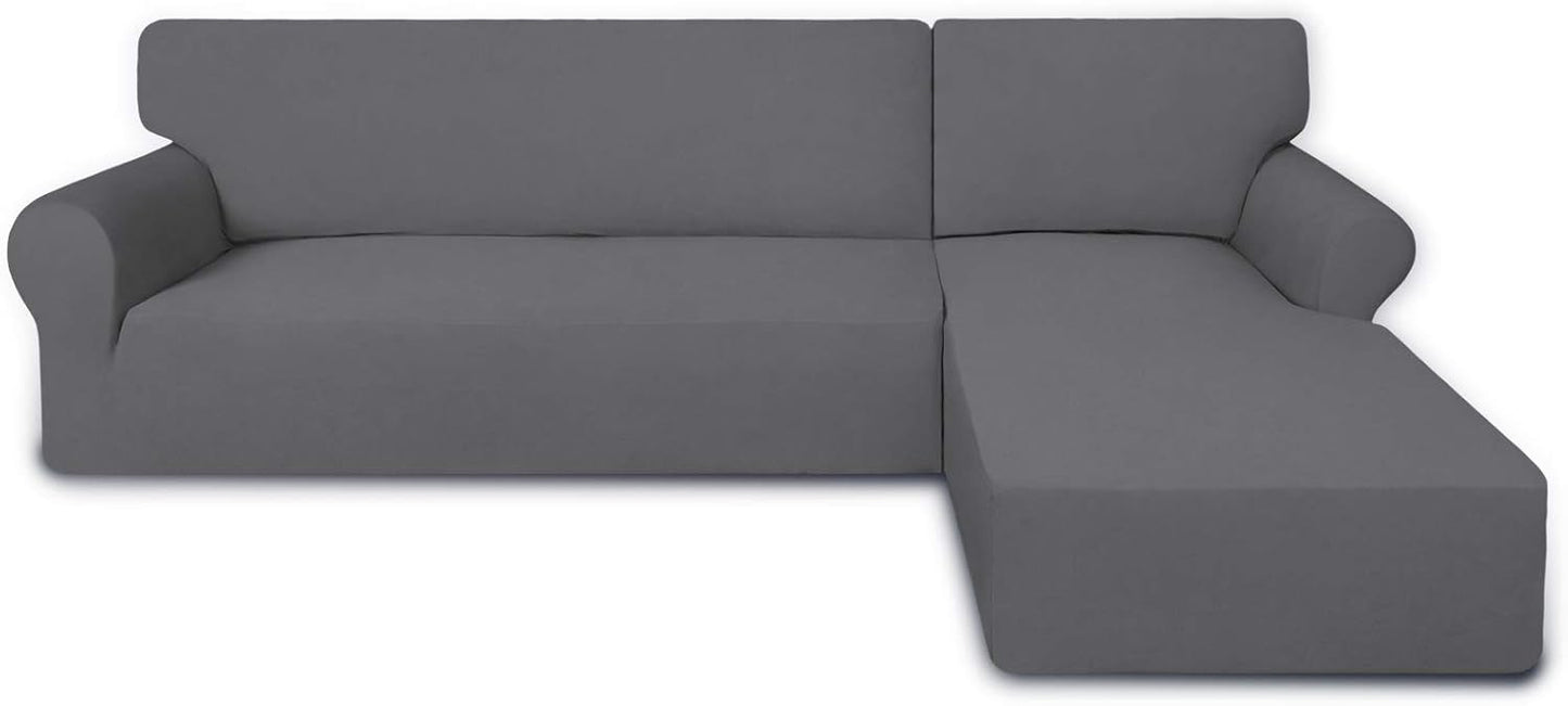 PureFit Super Stretch Sectional Couch Covers - 2 pcs Spandex Non Slip, with Elastic Bottom for L Shape Sectional Sofa Couches, Great for Kids & Pets (3 Seat Sofa + 3 Seat Chaise, Dark Gray)
