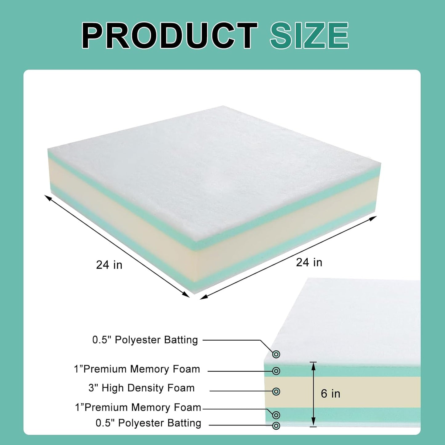 FOUXTEL Extra Thickness 5 Layer Couch Cushion Replacement, 24"x24"x6" Sofa Cushions Replacement,100% 25D Foam Upholstery Cushion, Supportive&Soft Sofa Cushion Foam with Removable Cover