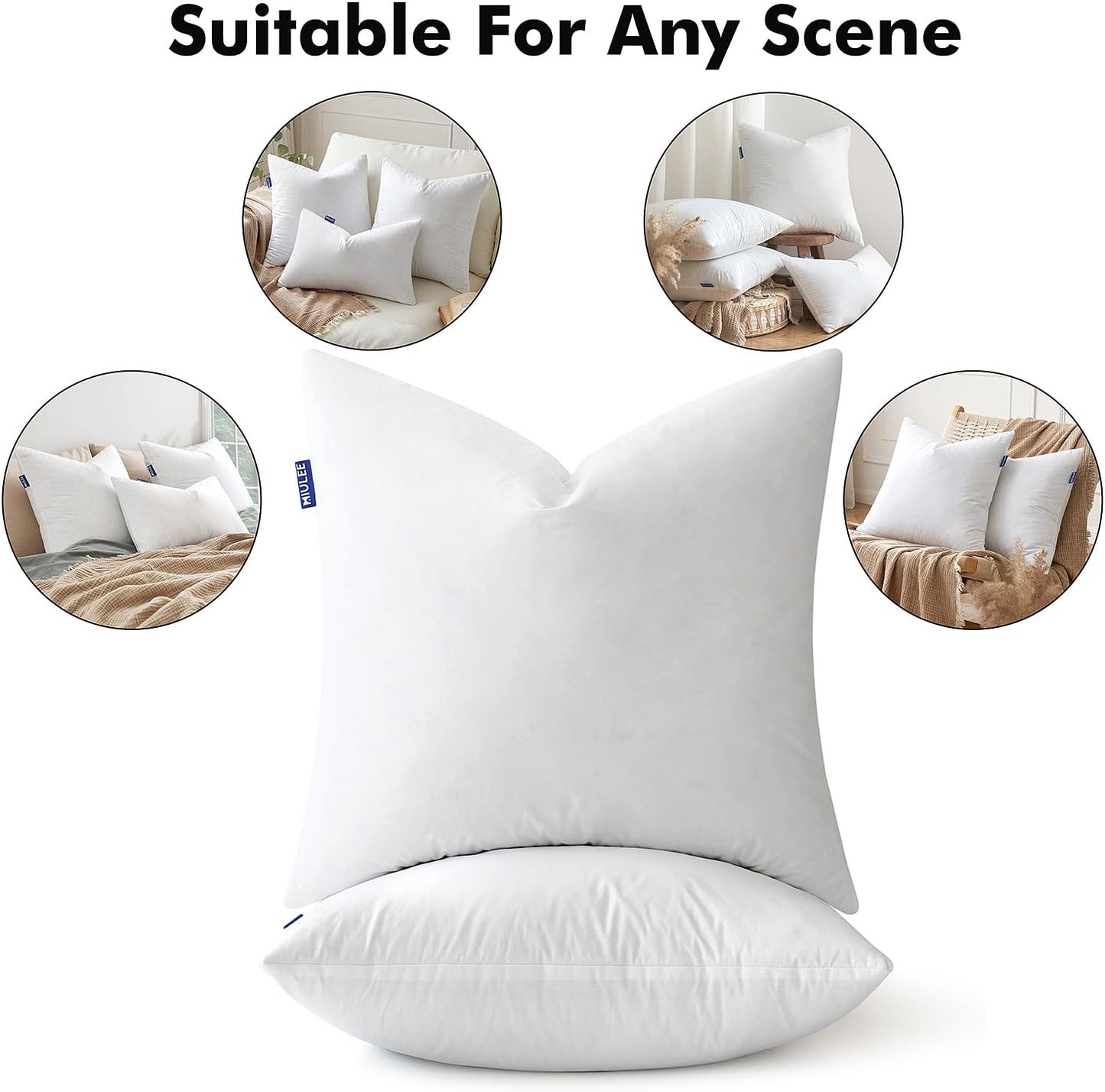 MIULEE 20 x 20 Goose Feather Down Pillows with 100% Cotton Cover, Set of 2 Soft Fluffy Decorative Pillow Inserts for Sofa Bed Couch Living Room White