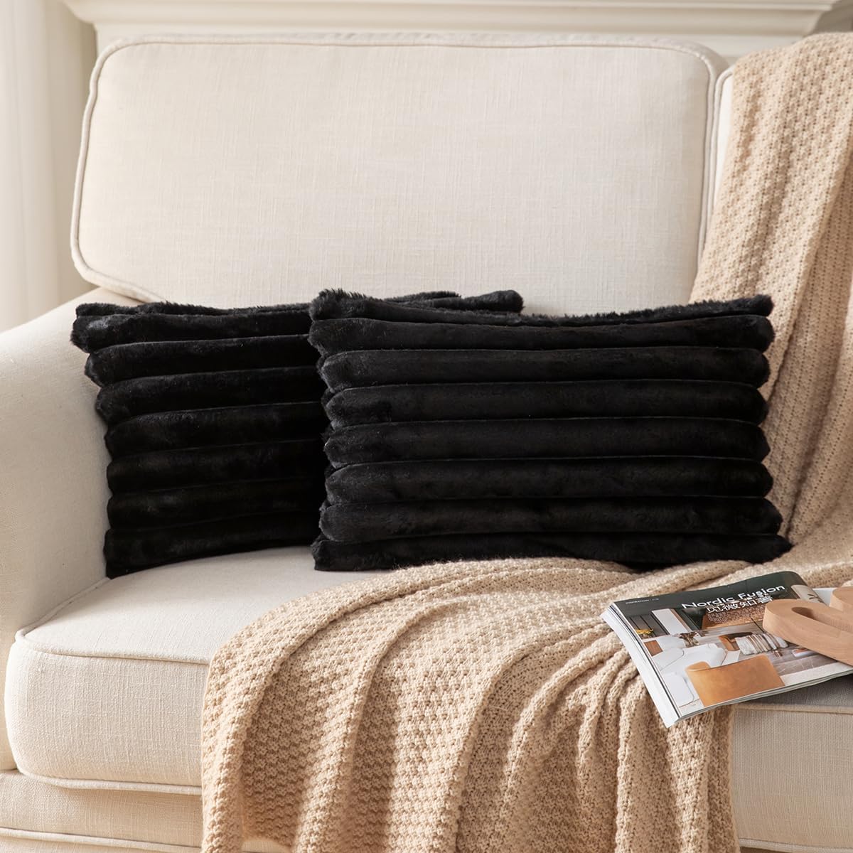 DEELAND Pack of 2,Double-Sided Faux Fur Plush Decorative Throw Pillow Covers Fuzzy Striped Soft Pillowcase Cushion Covers for Sofa Couch Bedroom
