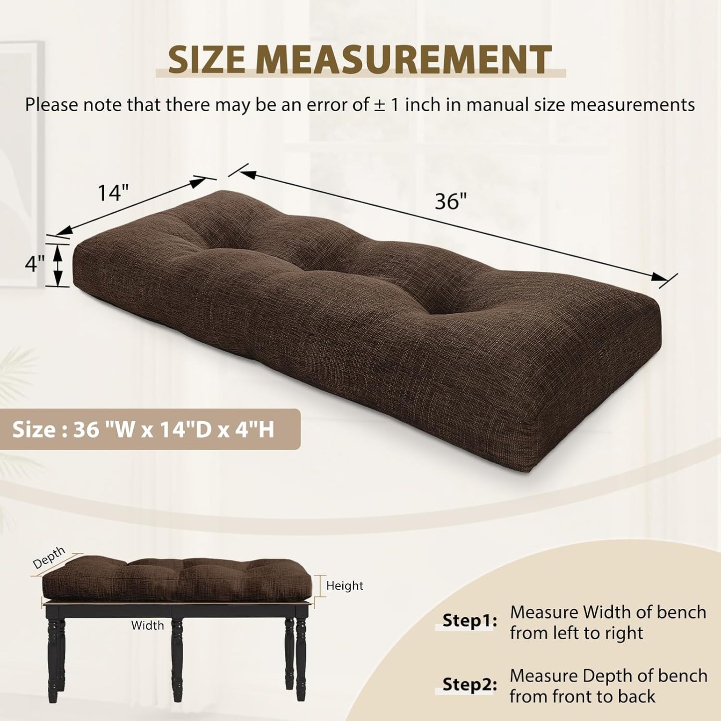 downluxe Indoor Bench Cushion for Indoor Furniture, Non-Slip Tufted Overstuffed Textured Foam Bench Seat Cushion, 36" X 14" X 4", Brown, 1 Pack