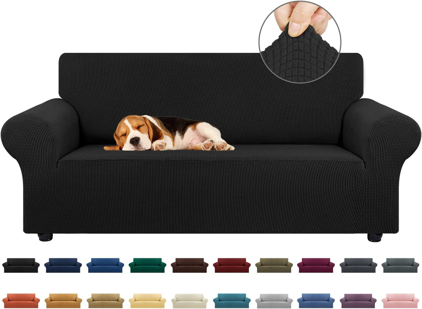 KEKUOU Stretch Sofa Cover Slipcover ，Couch Covers for 3 Cushion Couch Sofa pet Friendly (78"-94") Furniture Protector Sofa with Elastic Bottom for Kids,Dog, Jacquard Small Checked(Large,Black)