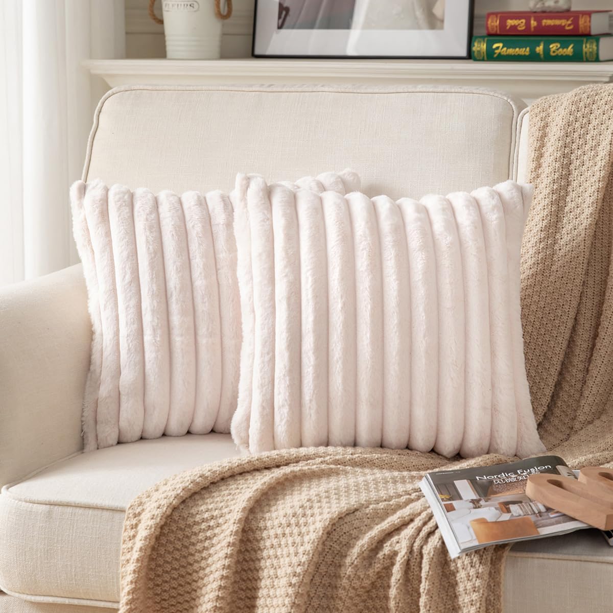DEELAND Pack of 2,Double-Sided Faux Fur Plush Decorative Throw Pillow Covers Fuzzy Striped Soft Pillowcase Cushion Covers for Sofa Couch Bedroom