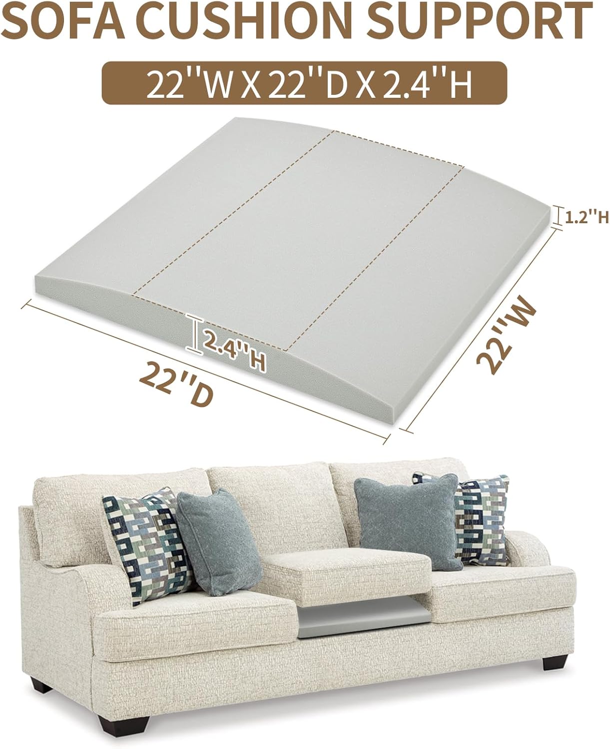 HAVARGO Couch Cushion Support High Density Foam 22X22X2.4 Inches Sofa Couch Supports for Sagging Cushions Light Grey 3Pc with Anti Slip Mesh Fabric