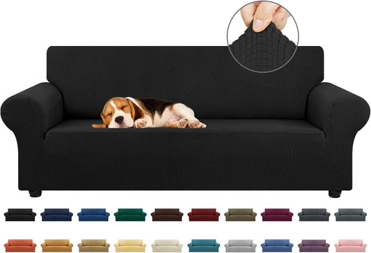 KEKUOU Stretch Sofa Cover Slipcover ，Couch Covers for 3 Cushion Couch Sofa pet Friendly (78"-94") Furniture Protector Sofa with Elastic Bottom for Kids,Dog, Jacquard Small Checked(Large,Black)