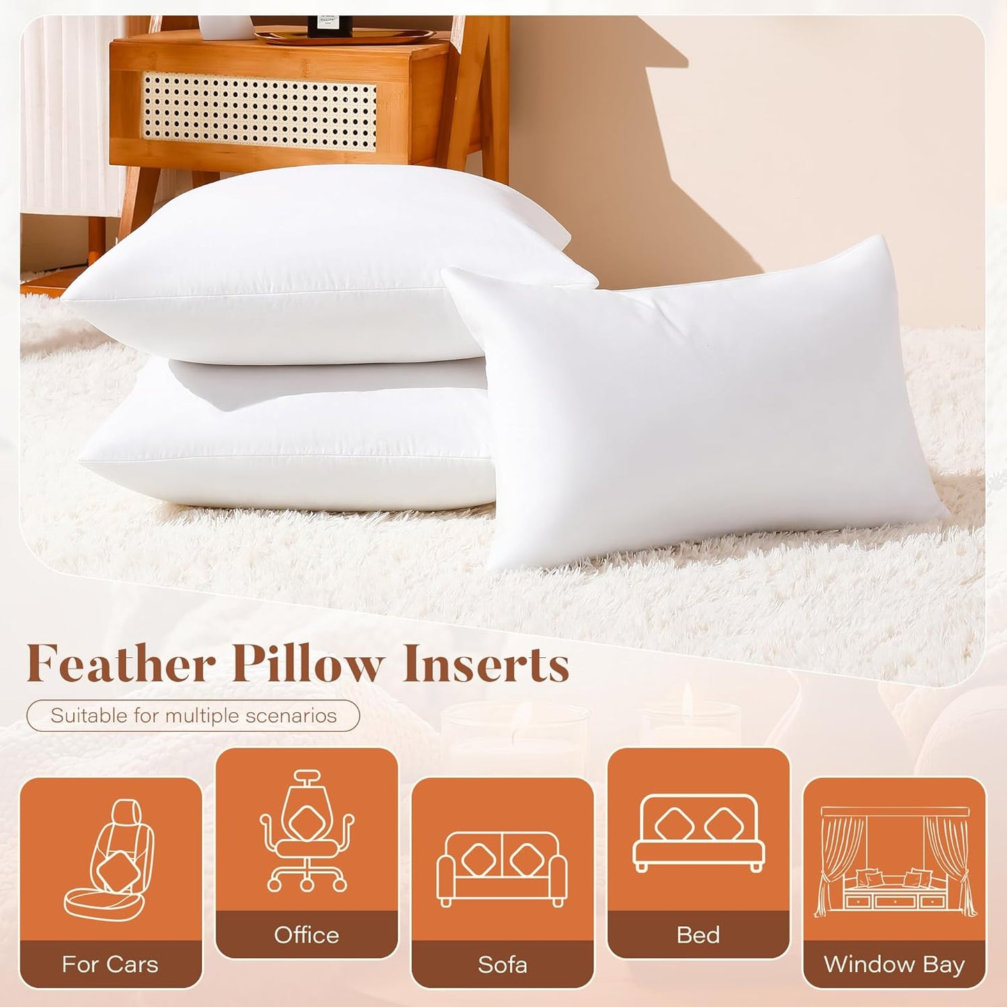 18x18 Pillow Inserts Set of 2, Natural Feather Down Pillows with 100% Cotton Cover, Throw Pillow for Bed, Couch and Sofa.