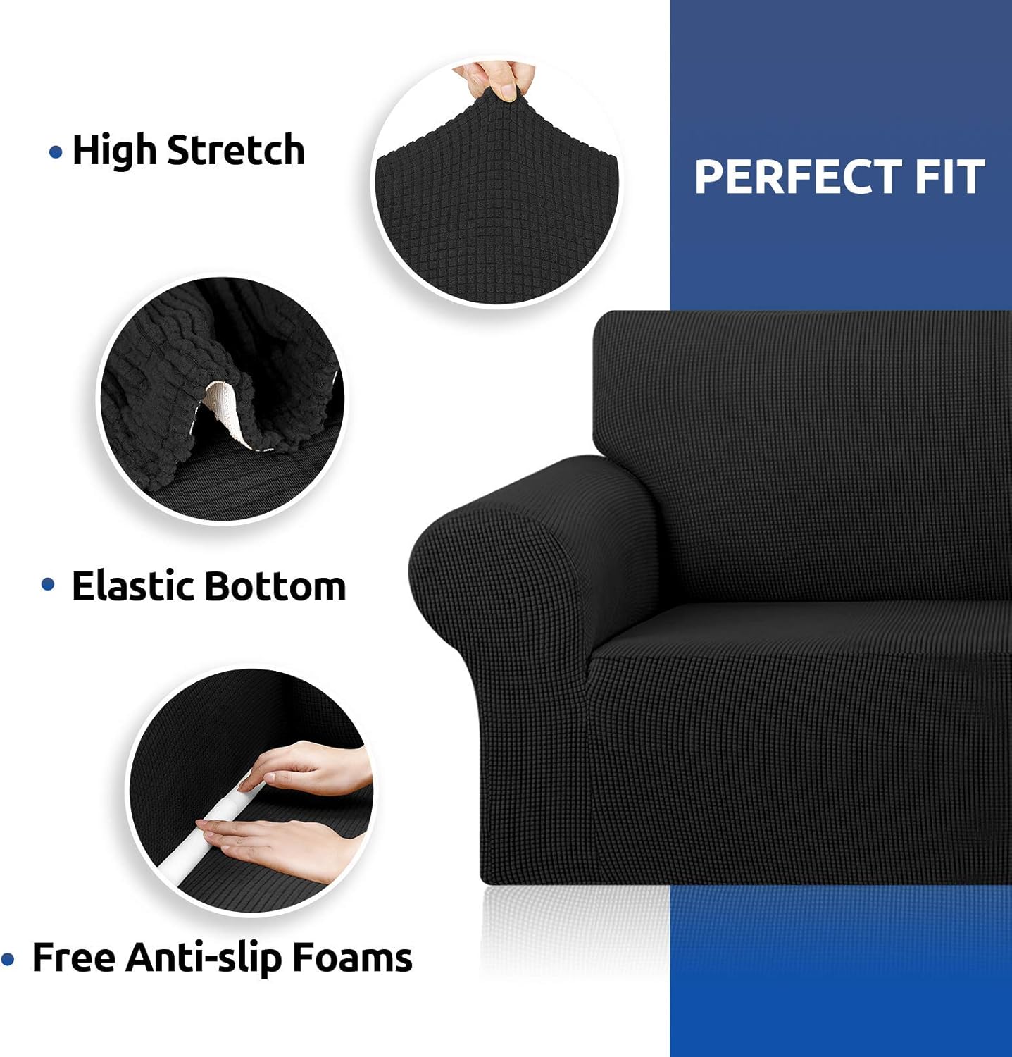 KEKUOU Stretch Sofa Cover Slipcover ，Couch Covers for 3 Cushion Couch Sofa pet Friendly (78"-94") Furniture Protector Sofa with Elastic Bottom for Kids,Dog, Jacquard Small Checked(Large,Black)