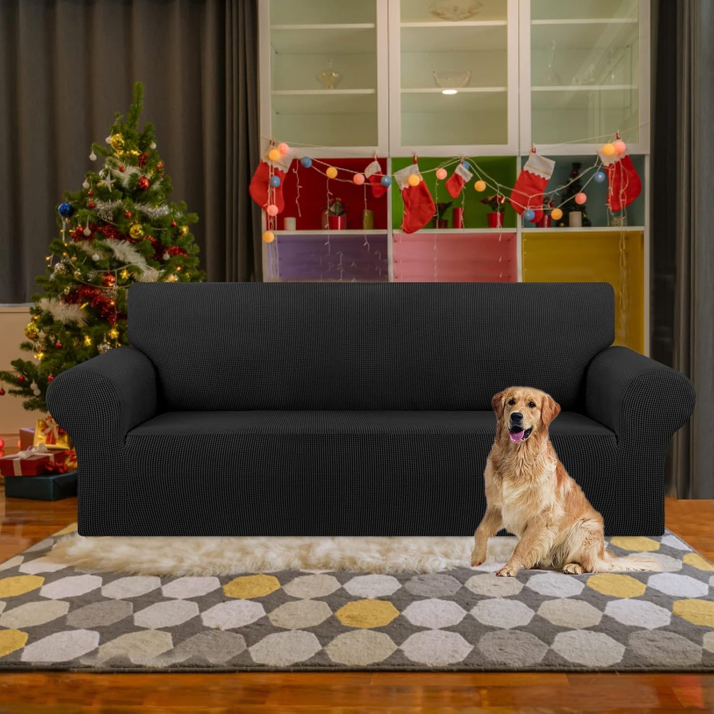 KEKUOU Stretch Sofa Cover Slipcover ，Couch Covers for 3 Cushion Couch Sofa pet Friendly (78"-94") Furniture Protector Sofa with Elastic Bottom for Kids,Dog, Jacquard Small Checked(Large,Black)