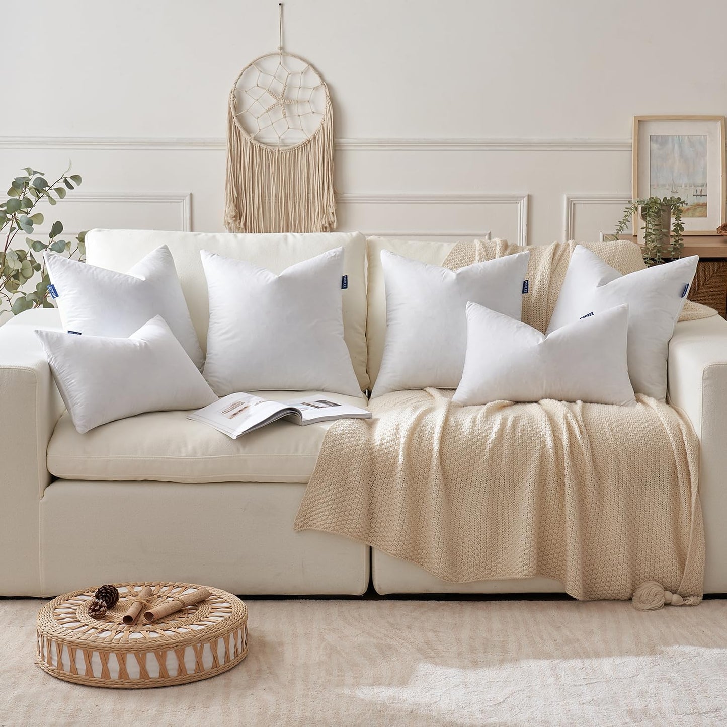 MIULEE 20 x 20 Goose Feather Down Pillows with 100% Cotton Cover, Set of 2 Soft Fluffy Decorative Pillow Inserts for Sofa Bed Couch Living Room White