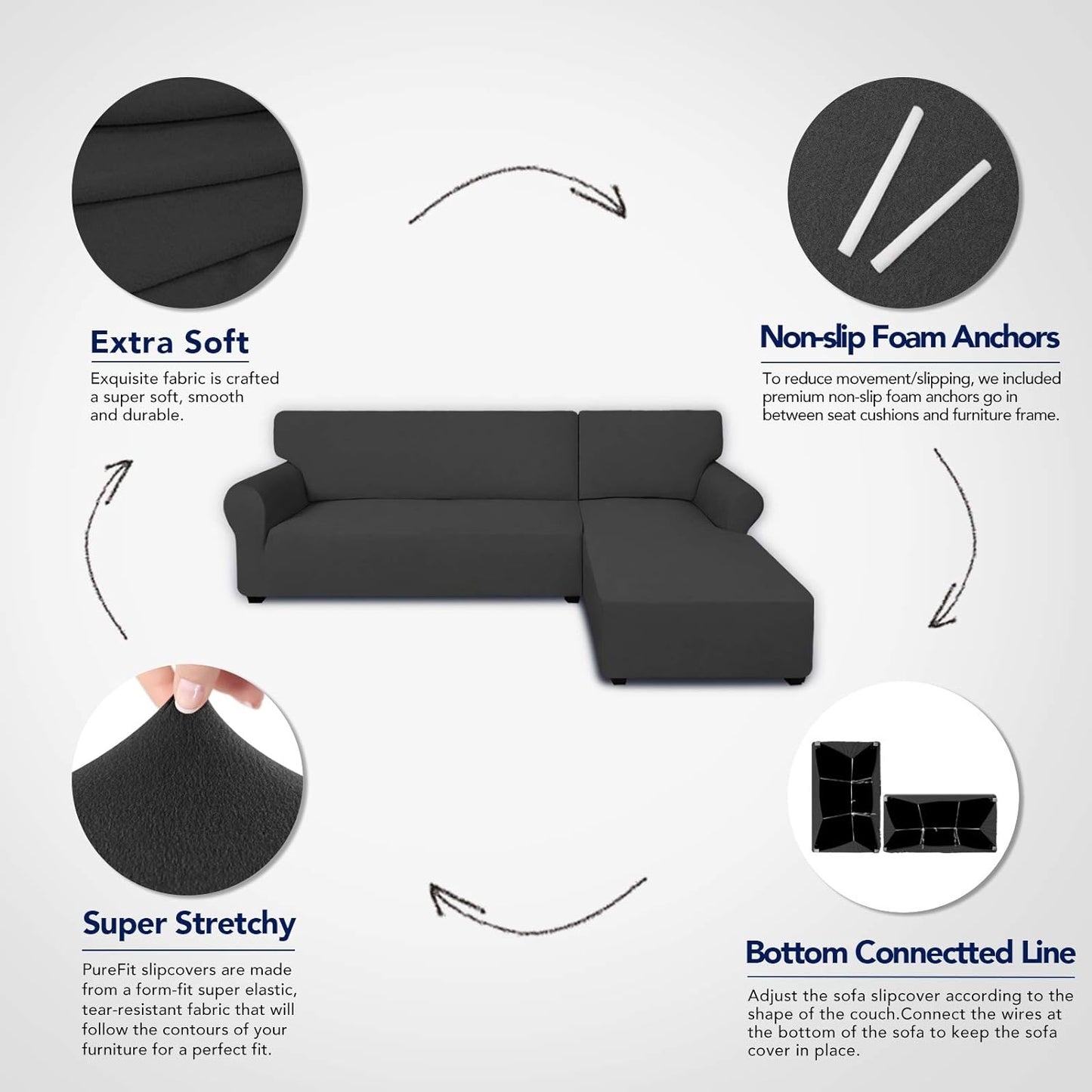 PureFit Super Stretch Sectional Couch Covers - 2 pcs Spandex Non Slip, with Elastic Bottom for L Shape Sectional Sofa Couches, Great for Kids & Pets (3 Seat Sofa + 3 Seat Chaise, Dark Gray)