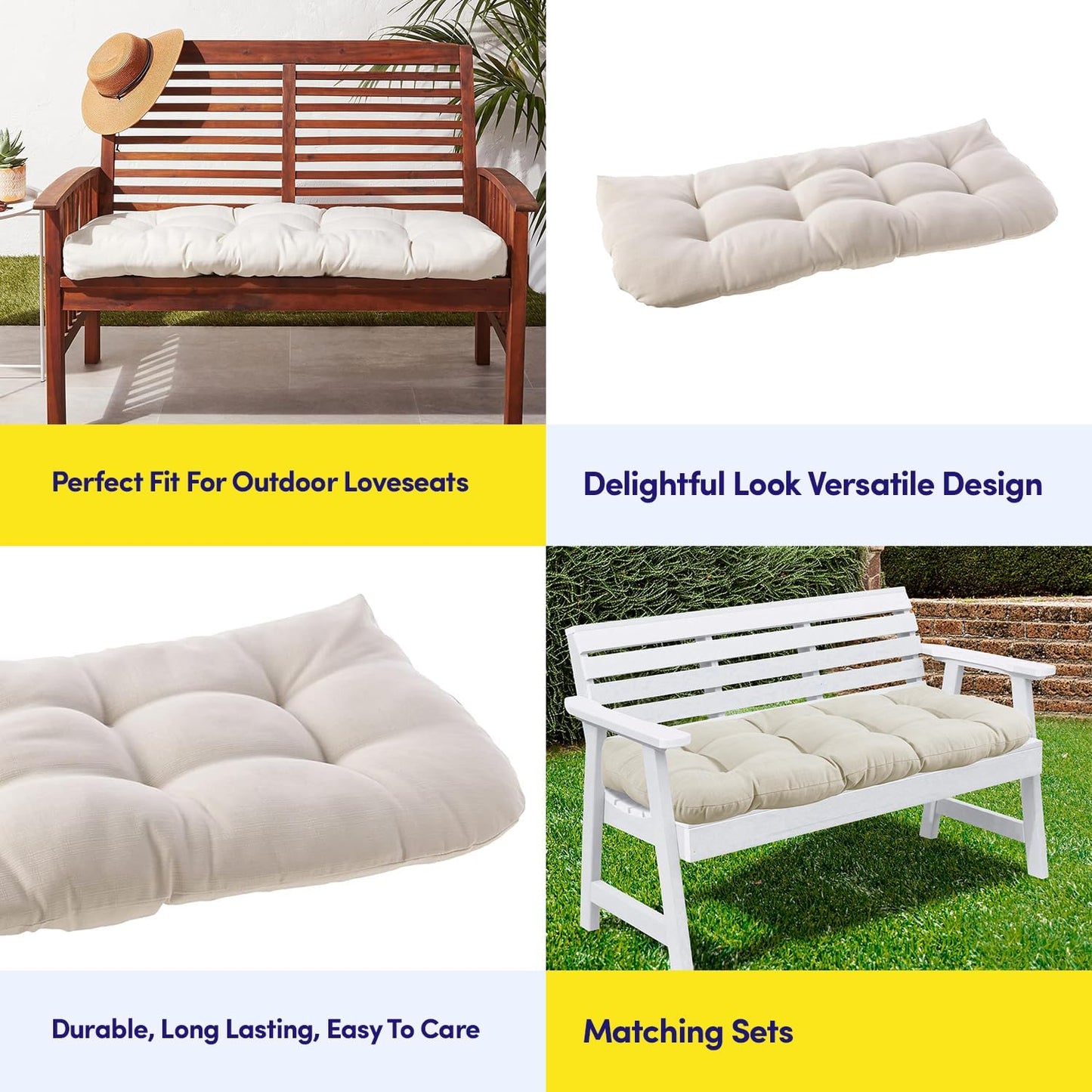 Sweet Home Collection Patio Chair Cushions Outdoor Loveseat Lounge Seat Pads Premium Comfortable Thick Fiber Fill Tufted 44" x 19", 1 Count (Pack of 1), Cream
