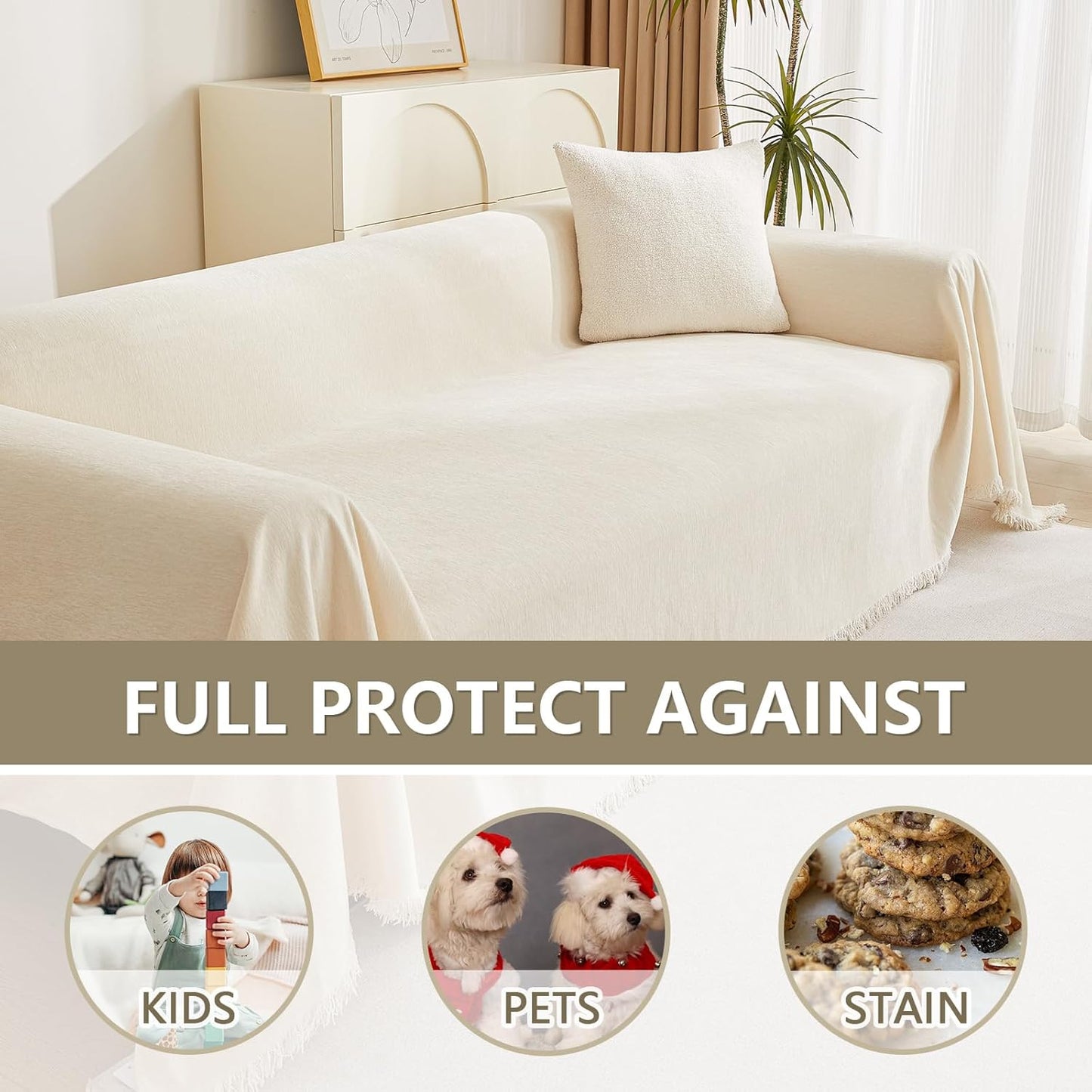 MYSKY HOME Couch Cover for Pets, Beige Couch Covers for 2 Cushion Couch Sofa, Sofa Slipcover Sectional L Shape Chenille Covers for Pets, Throw Couch for Dogs, Kids,71" X118"
