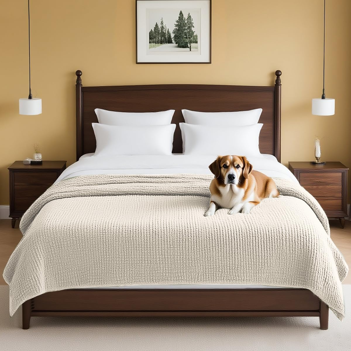 H.VERSAILTEX Plush Chenille Dog Bed Cover Thick Soft Sofa Cover for 3 Cushion Couch Anti Slip Couch Cover Furniture Protector for Dog, Pet, Cat (35" x 74", Ivory)