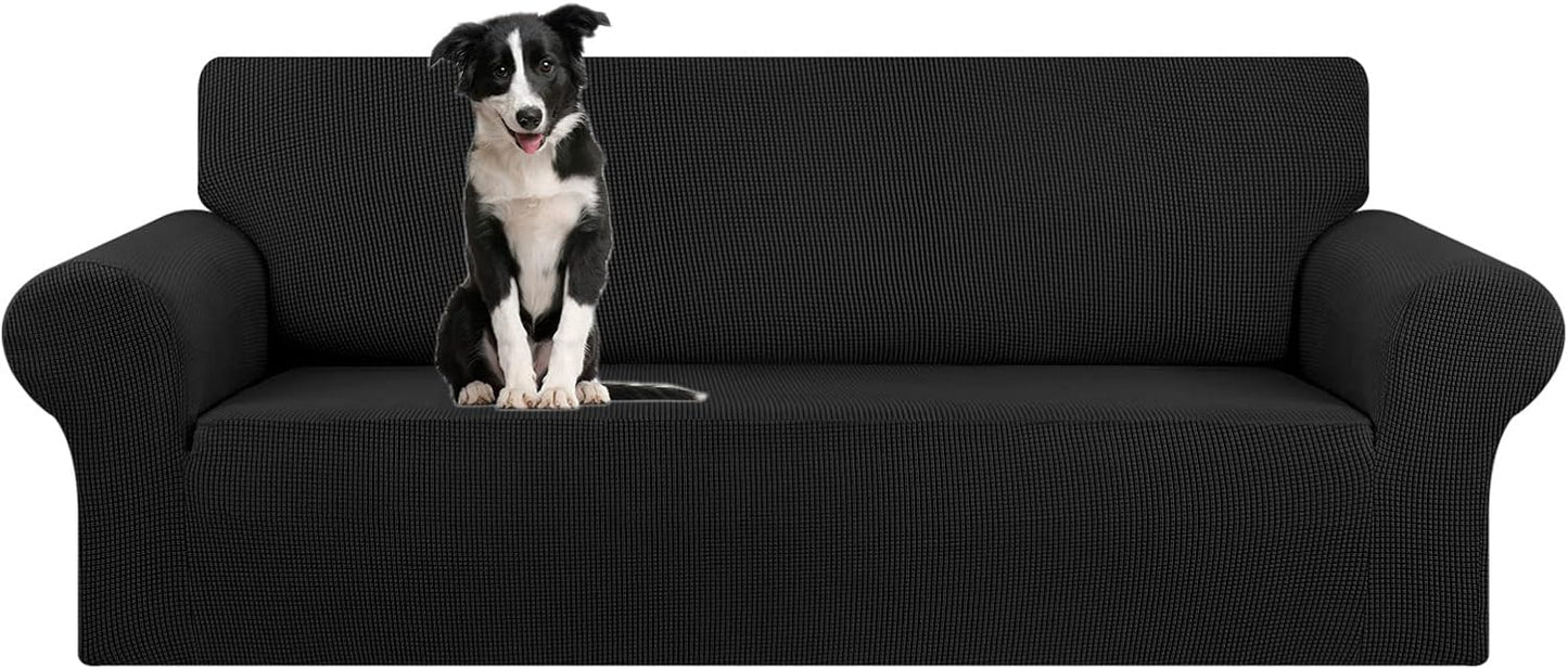 KEKUOU Stretch Sofa Cover Slipcover ，Couch Covers for 3 Cushion Couch Sofa pet Friendly (78"-94") Furniture Protector Sofa with Elastic Bottom for Kids,Dog, Jacquard Small Checked(Large,Black)