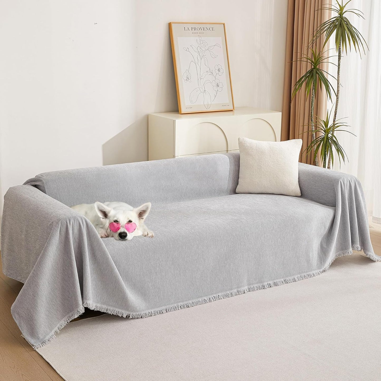 MYSKY HOME Couch Cover for Pets, Beige Couch Covers for 2 Cushion Couch Sofa, Sofa Slipcover Sectional L Shape Chenille Covers for Pets, Throw Couch for Dogs, Kids,71" X118"