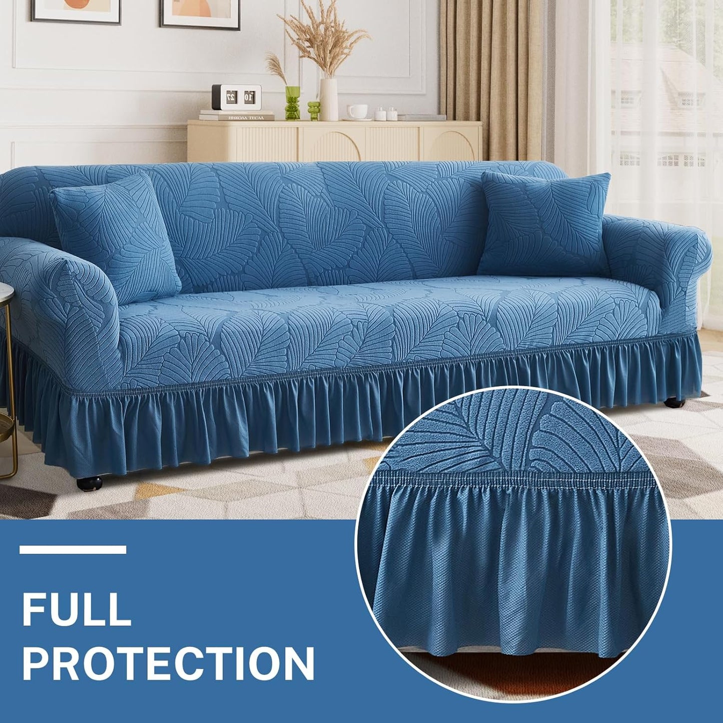 WONGS BEDDING Stretch Velvet Sofa Slipcover, Cushion Couch Cover with Skirt, Pet Friendly Durable Washable Stretchable, Easy Fit Universal Furniture Protector, (75"-91",Classic Blue)