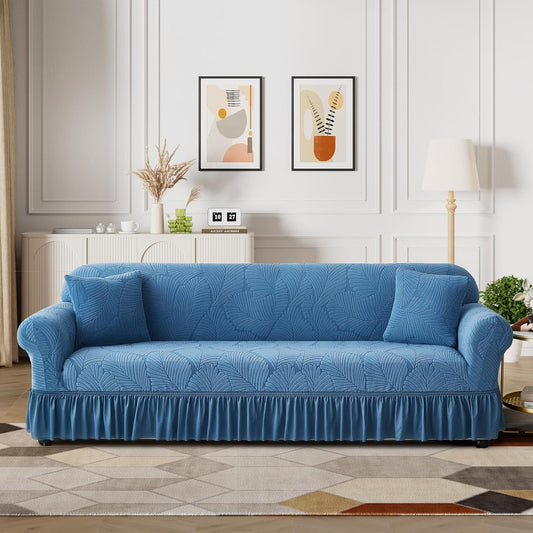 WONGS BEDDING Stretch Velvet Sofa Slipcover, Cushion Couch Cover with Skirt, Pet Friendly Durable Washable Stretchable, Easy Fit Universal Furniture Protector, (75"-91",Classic Blue)