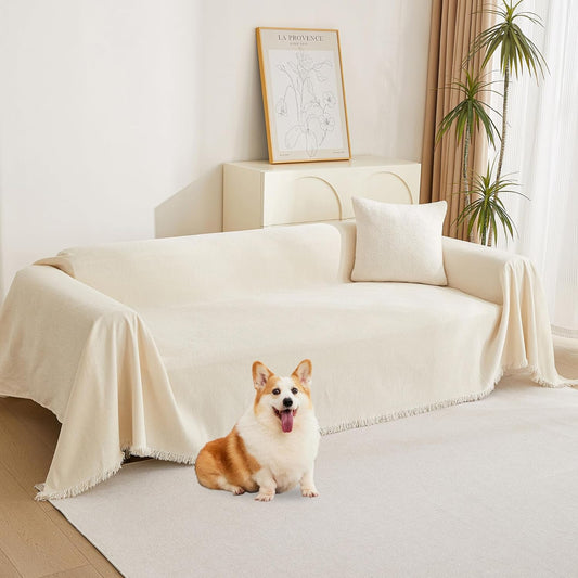 MYSKY HOME Couch Cover for Pets, Beige Couch Covers for 2 Cushion Couch Sofa, Sofa Slipcover Sectional L Shape Chenille Covers for Pets, Throw Couch for Dogs, Kids,71" X118"