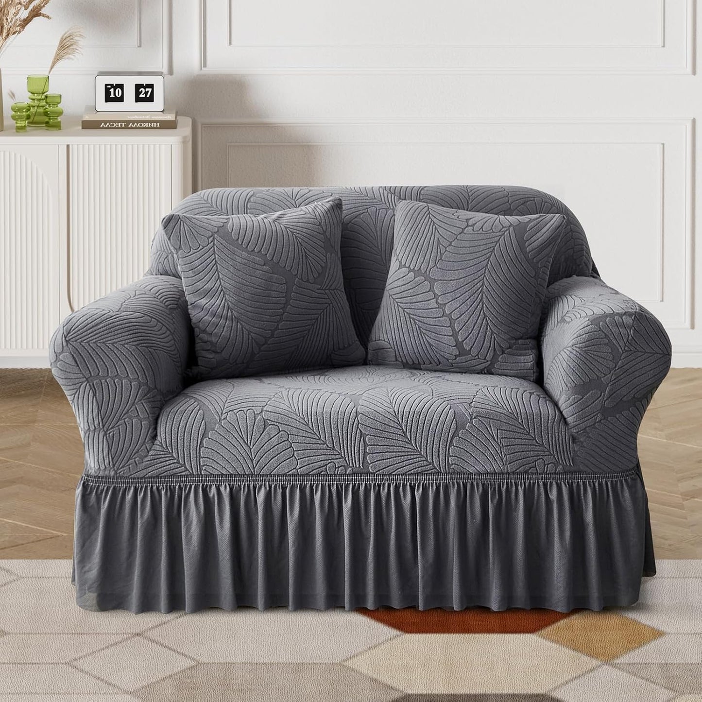 WONGS BEDDING Stretch Velvet Sofa Slipcover, Cushion Couch Cover with Skirt, Pet Friendly Durable Washable Stretchable, Easy Fit Universal Furniture Protector, (75"-91",Classic Blue)