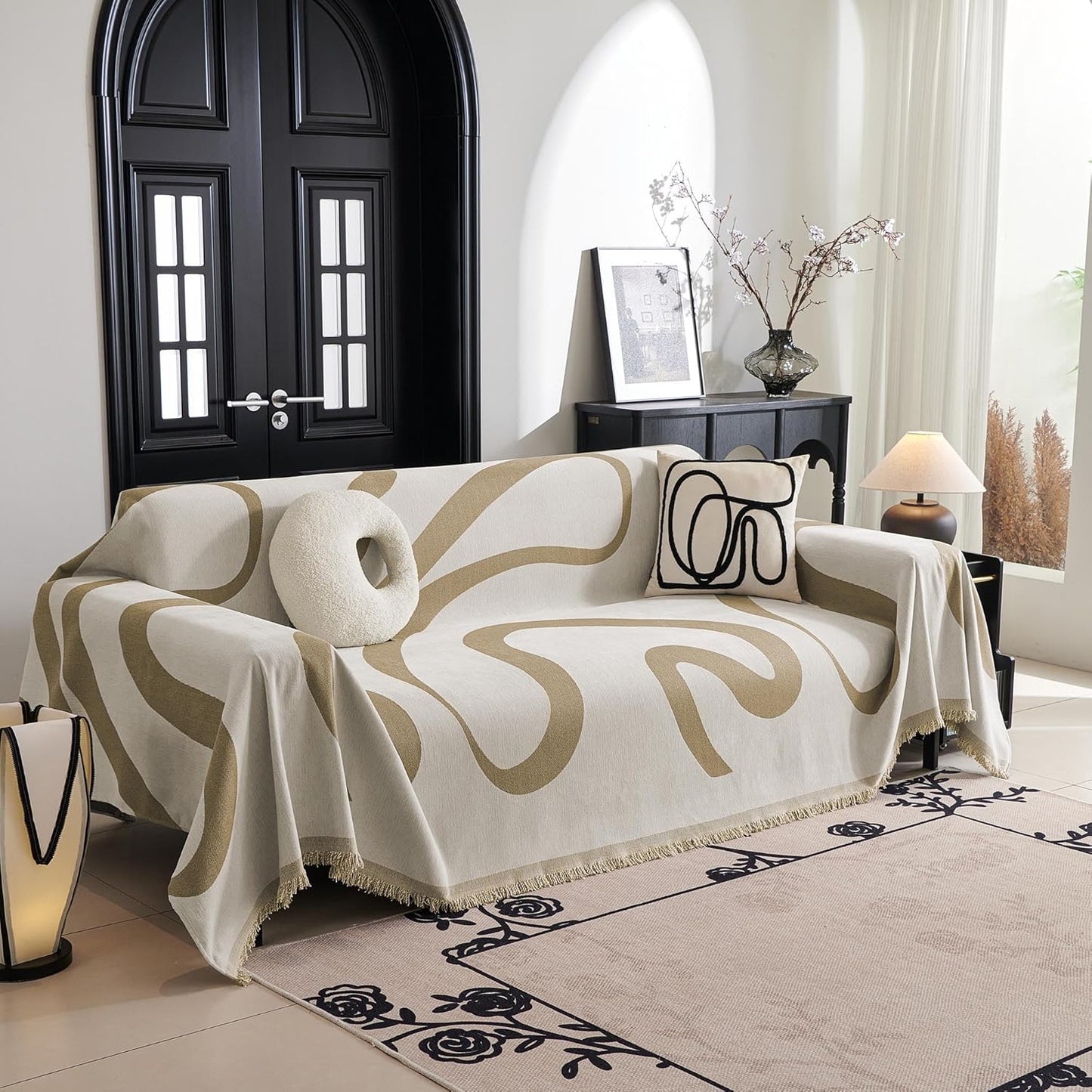 MYSKY HOME Couch Cover for Pets, Beige Couch Covers for 2 Cushion Couch Sofa, Sofa Slipcover Sectional L Shape Chenille Covers for Pets, Throw Couch for Dogs, Kids,71" X118"