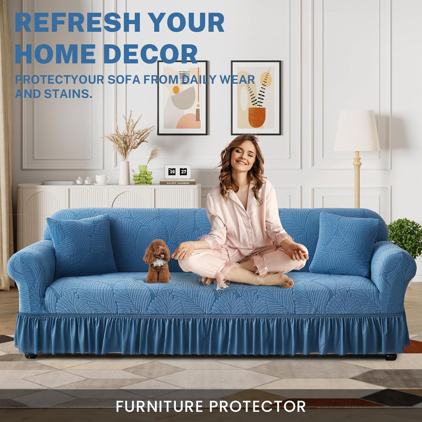 WONGS BEDDING Stretch Velvet Sofa Slipcover, Cushion Couch Cover with Skirt, Pet Friendly Durable Washable Stretchable, Easy Fit Universal Furniture Protector, (75"-91",Classic Blue)