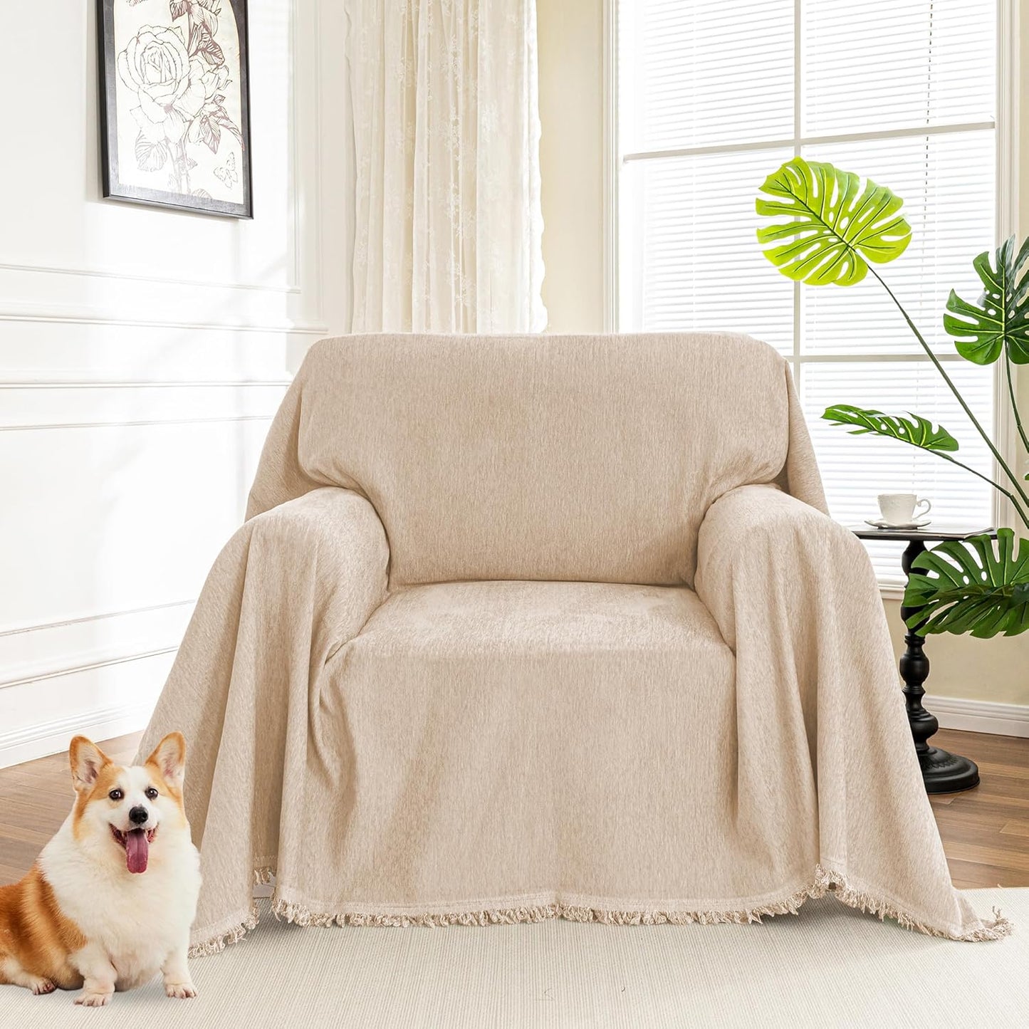 MYSKY HOME Couch Cover for Pets, Beige Couch Covers for 2 Cushion Couch Sofa, Sofa Slipcover Sectional L Shape Chenille Covers for Pets, Throw Couch for Dogs, Kids,71" X118"