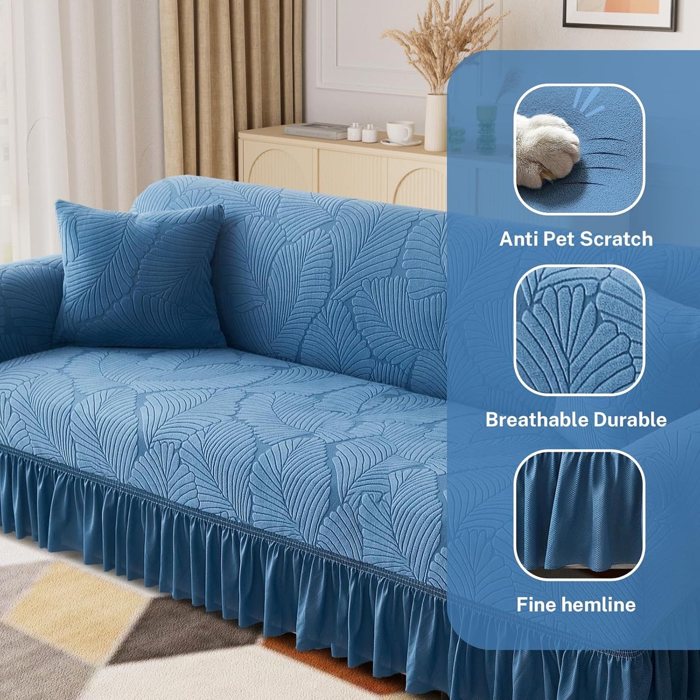 WONGS BEDDING Stretch Velvet Sofa Slipcover, Cushion Couch Cover with Skirt, Pet Friendly Durable Washable Stretchable, Easy Fit Universal Furniture Protector, (75"-91",Classic Blue)