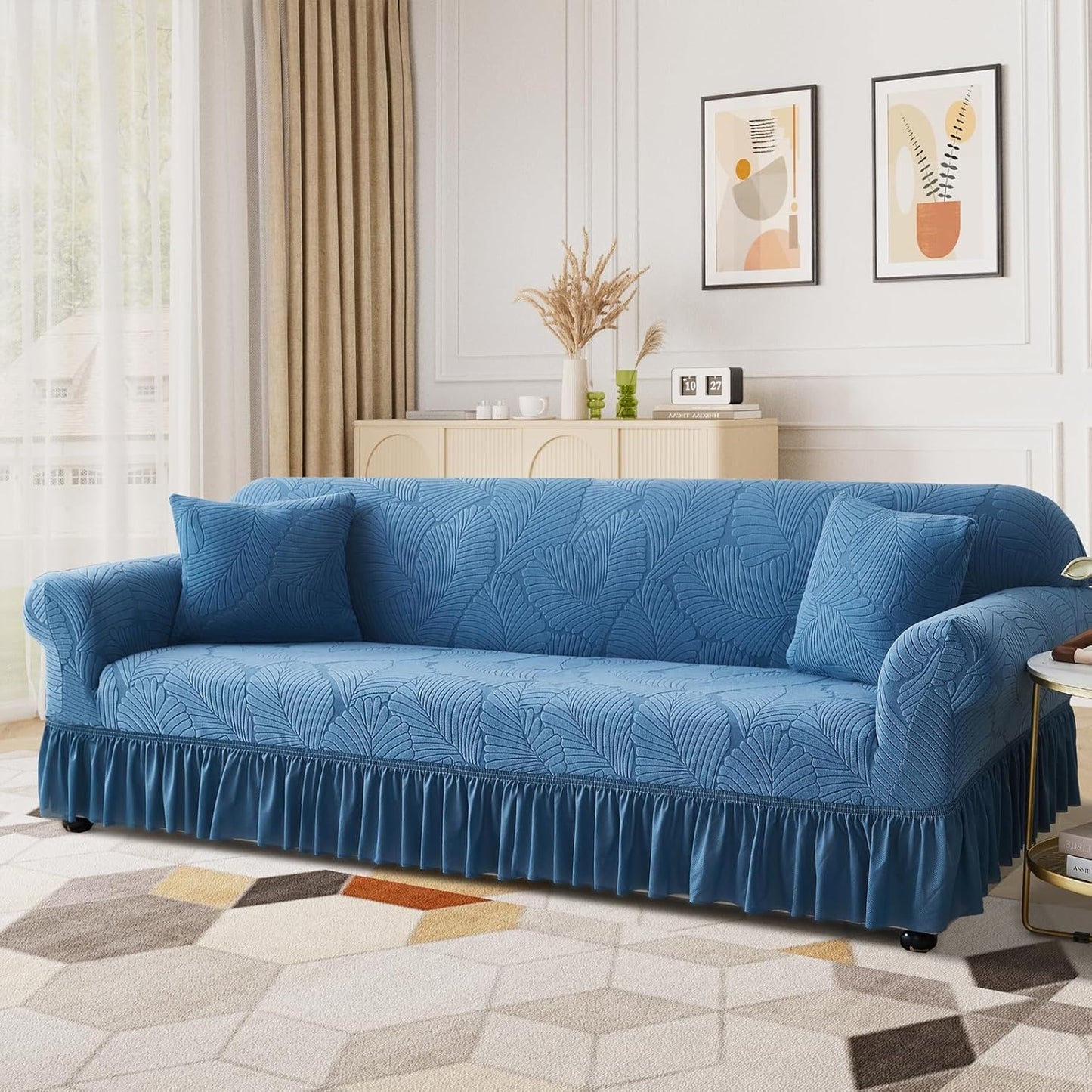 WONGS BEDDING Stretch Velvet Sofa Slipcover, Cushion Couch Cover with Skirt, Pet Friendly Durable Washable Stretchable, Easy Fit Universal Furniture Protector, (75"-91",Classic Blue)