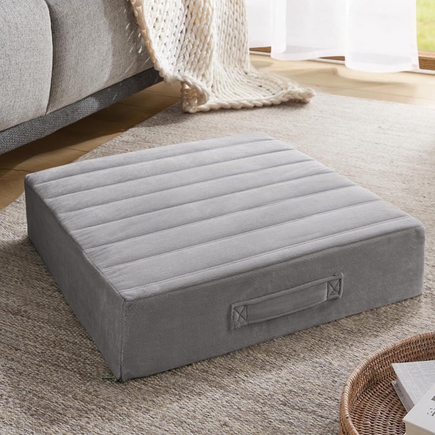 Codi High Density Foam Floor Pillow 2 Sets, Large Meditation Cushions Seating for Adults and Yoga Sitting, 5" Thick Washable Couch Cushion with Soft Tufted Covers - 22 Inch Grey