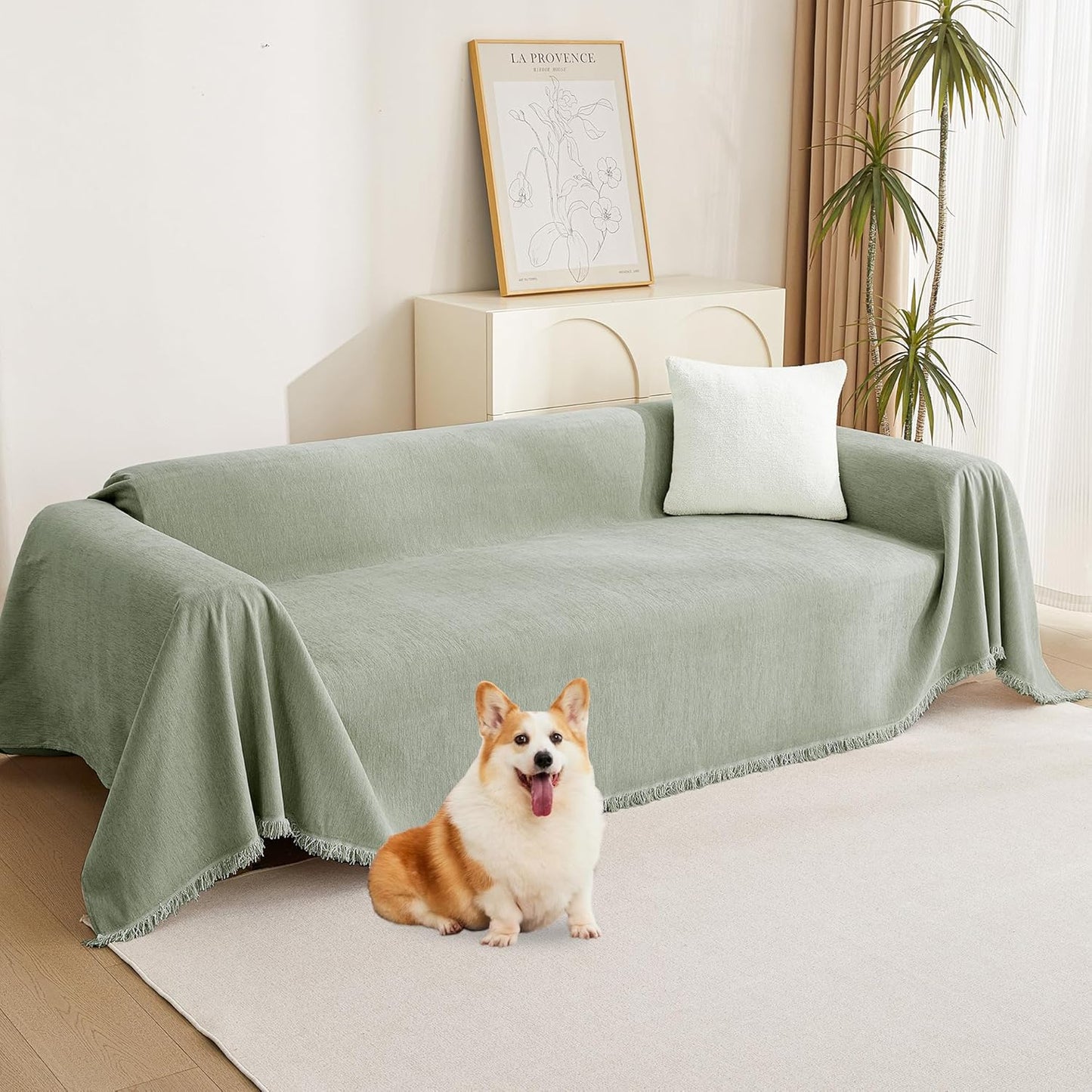 MYSKY HOME Couch Cover for Pets, Beige Couch Covers for 2 Cushion Couch Sofa, Sofa Slipcover Sectional L Shape Chenille Covers for Pets, Throw Couch for Dogs, Kids,71" X118"
