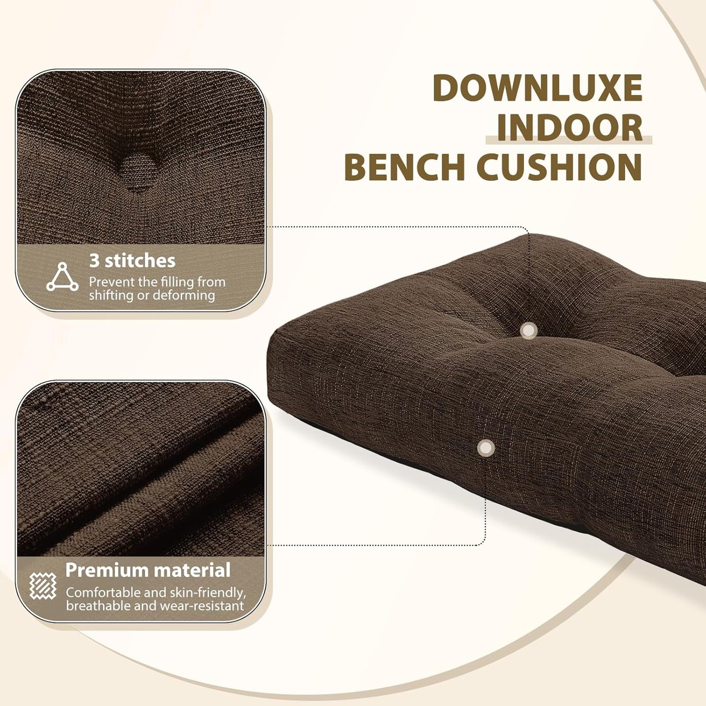 downluxe Indoor Bench Cushion for Indoor Furniture, Non-Slip Tufted Overstuffed Textured Foam Bench Seat Cushion, 36" X 14" X 4", Brown, 1 Pack