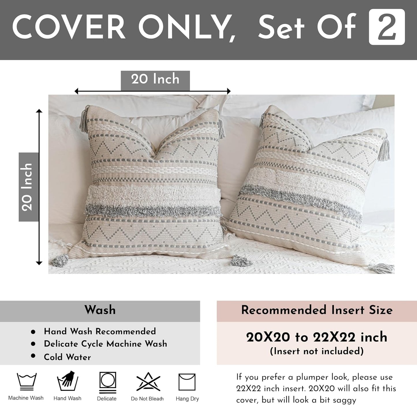 Gray Decorative Throw Pillow Cover 20x20 Combo Set of 2 Square Boho Neutral Grey Accent Pillowcase Tassels Farmhouse Cushion for Couch Sofa Bedroom Living Room Home Décor Cover ONLY