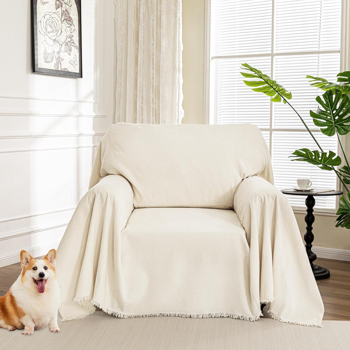 MYSKY HOME Couch Cover for Pets, Beige Couch Covers for 2 Cushion Couch Sofa, Sofa Slipcover Sectional L Shape Chenille Covers for Pets, Throw Couch for Dogs, Kids,71" X118"
