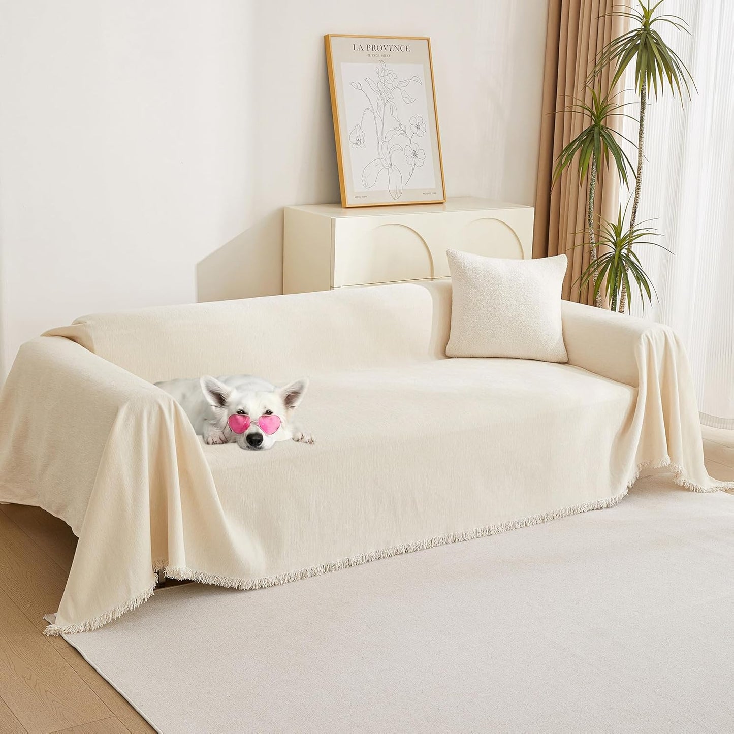 MYSKY HOME Couch Cover for Pets, Beige Couch Covers for 2 Cushion Couch Sofa, Sofa Slipcover Sectional L Shape Chenille Covers for Pets, Throw Couch for Dogs, Kids,71" X118"