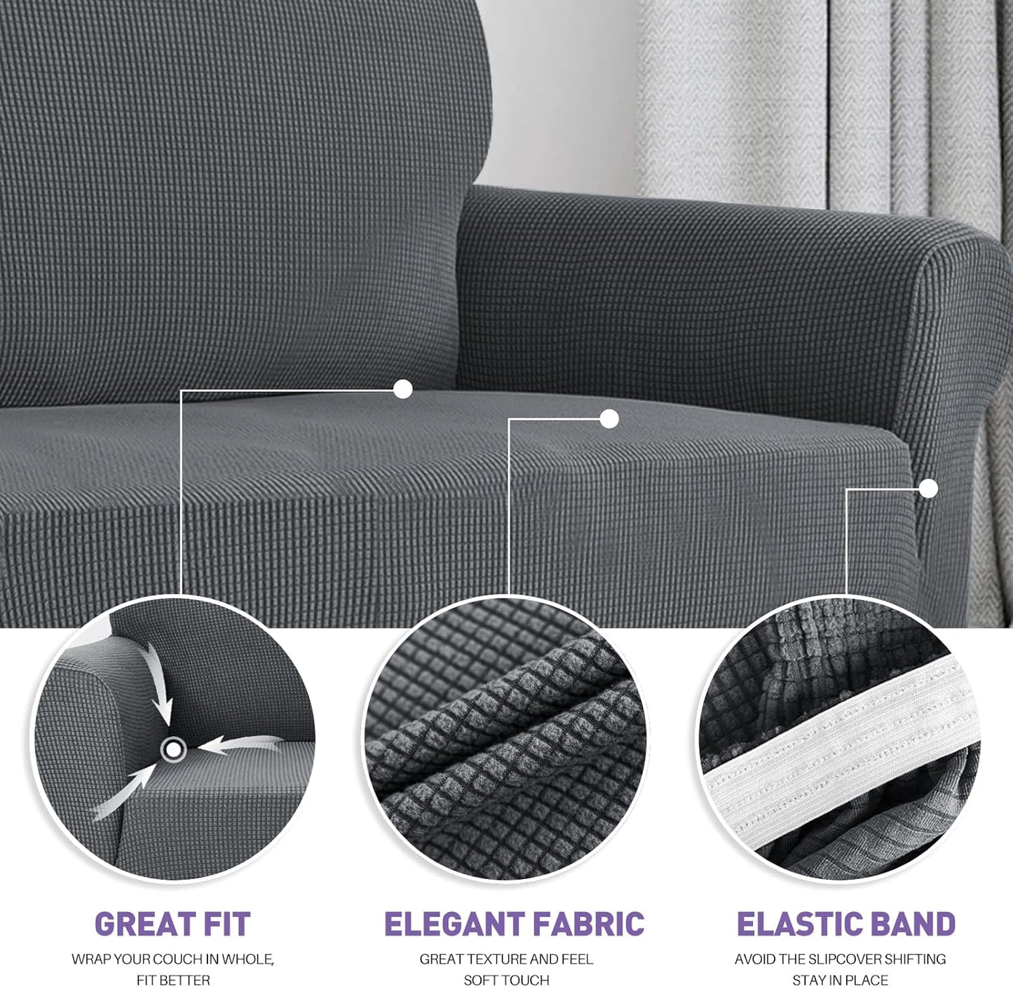 ZNSAYOTX Super Stretch Couch Cover (72"-92") Universal Sofa Covers with Elastic Bottom, Dog Cat Pets Friendly Washable Furniture Protector Fitted Sofa Slipcovers Stay in Place (Dark Grey, Sofa)