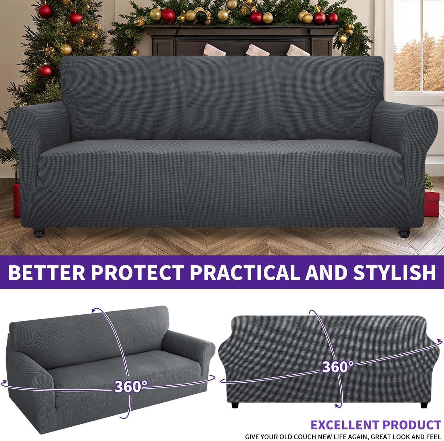 ZNSAYOTX Super Stretch Couch Cover (72"-92") Universal Sofa Covers with Elastic Bottom, Dog Cat Pets Friendly Washable Furniture Protector Fitted Sofa Slipcovers Stay in Place (Dark Grey, Sofa)