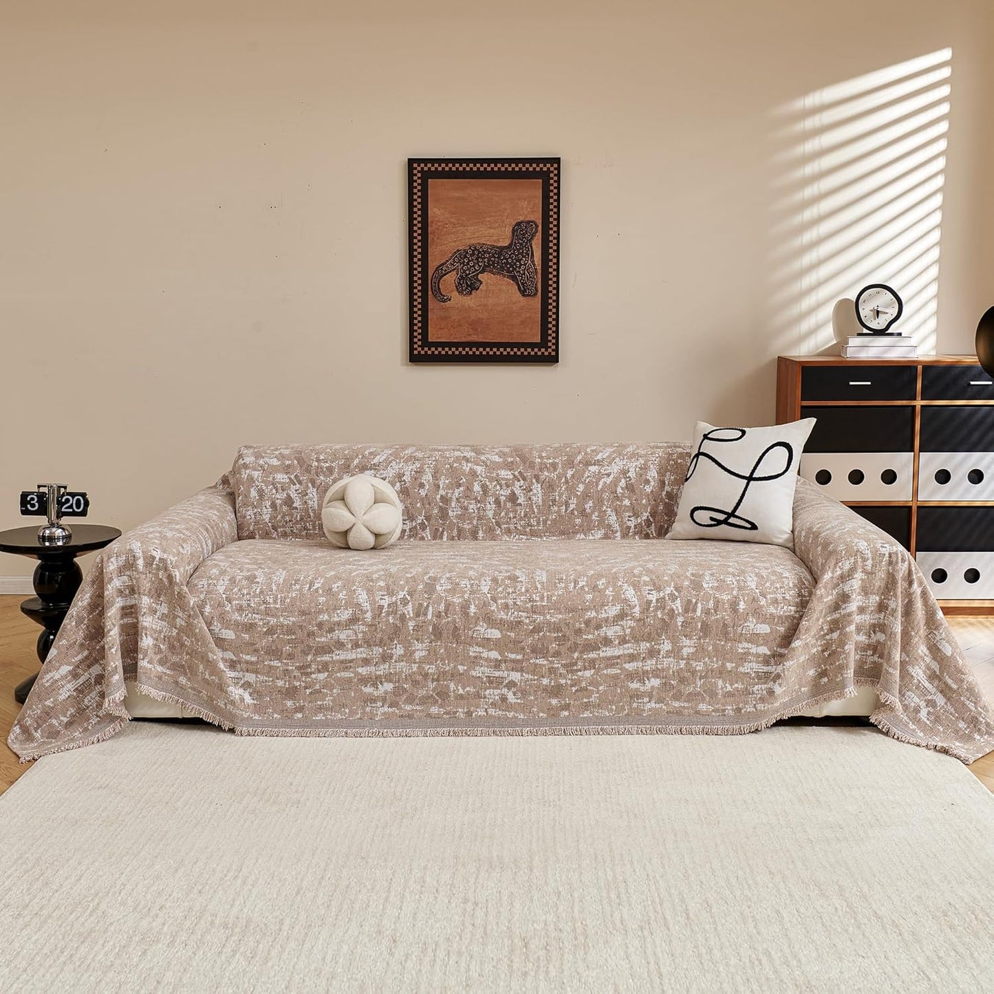 MYSKY HOME Couch Cover for Pets, Beige Couch Covers for 2 Cushion Couch Sofa, Sofa Slipcover Sectional L Shape Chenille Covers for Pets, Throw Couch for Dogs, Kids,71" X118"
