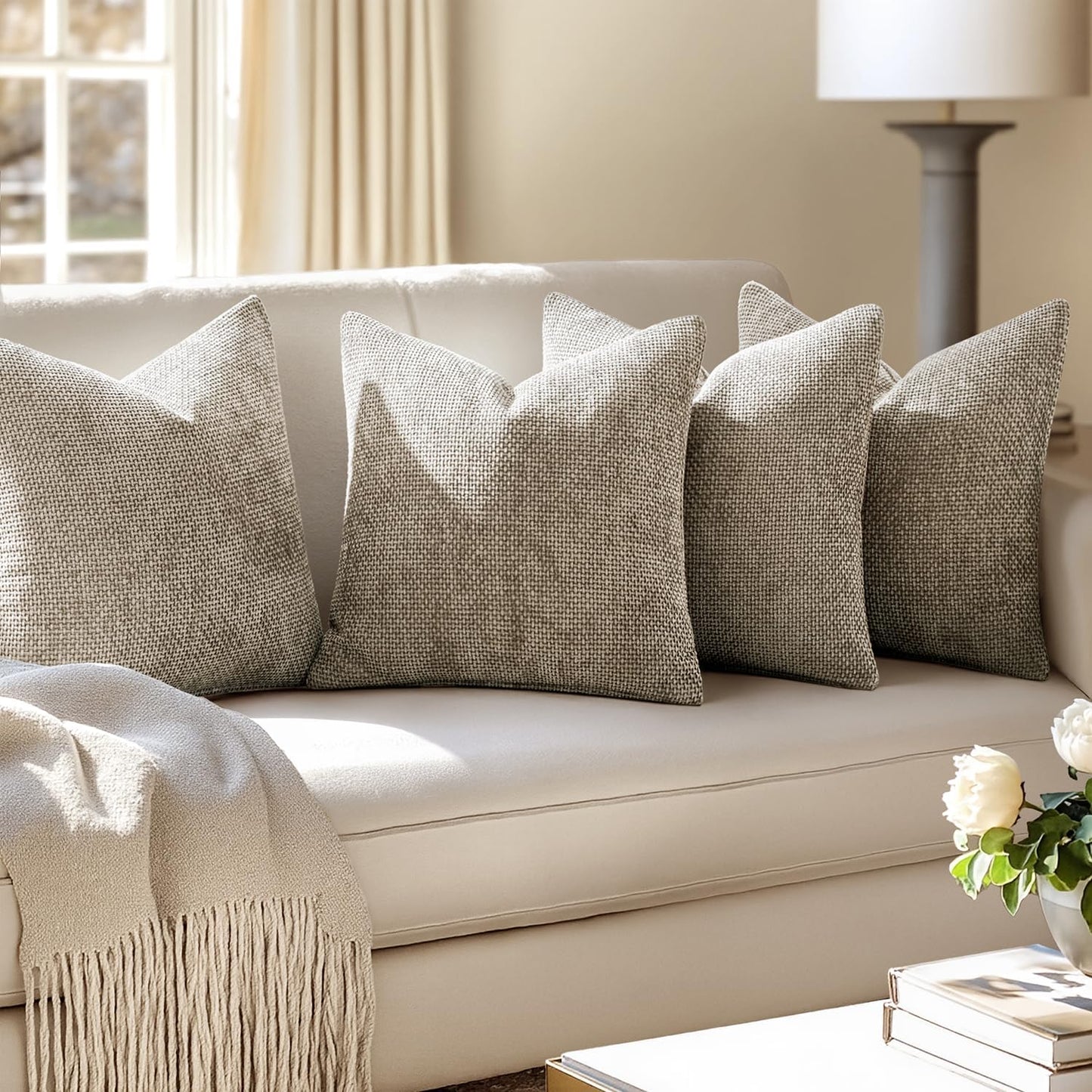 MIULEE Pack of 4 Couch Throw Pillow Covers 20x20 Inch Khaki Soft Decorative Chenille Pillow Covers Farmhouse Accent Cushion Covers for Boho Home Decor Sofa Bedroom Living Room