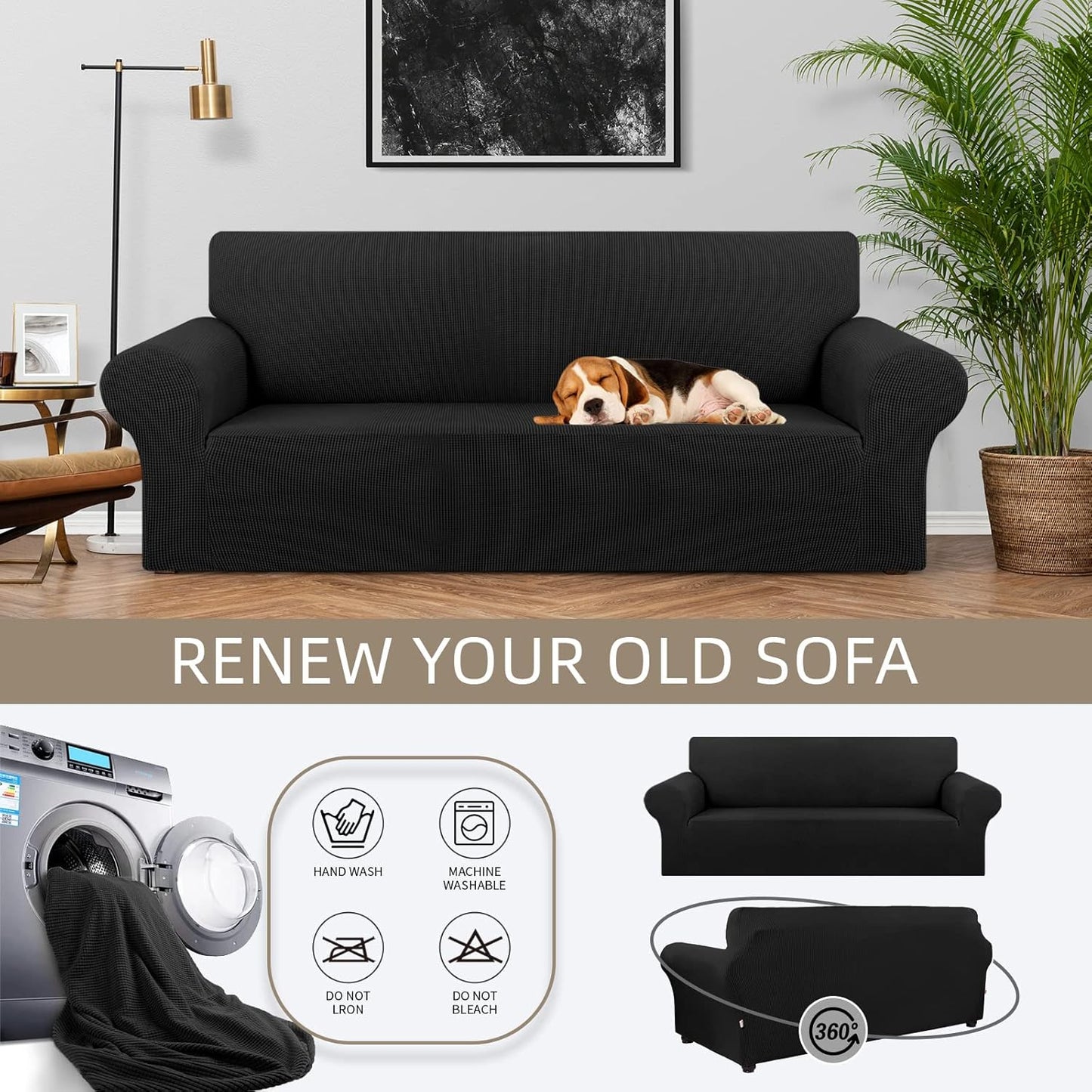 KEKUOU Stretch Sofa Cover Slipcover ，Couch Covers for 3 Cushion Couch Sofa pet Friendly (78"-94") Furniture Protector Sofa with Elastic Bottom for Kids,Dog, Jacquard Small Checked(Large,Black)