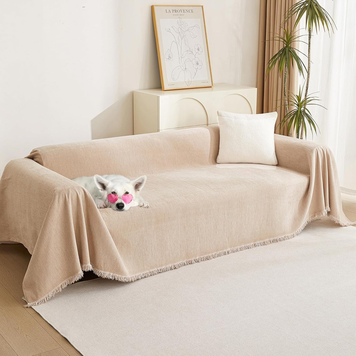 MYSKY HOME Couch Cover for Pets, Beige Couch Covers for 2 Cushion Couch Sofa, Sofa Slipcover Sectional L Shape Chenille Covers for Pets, Throw Couch for Dogs, Kids,71" X118"